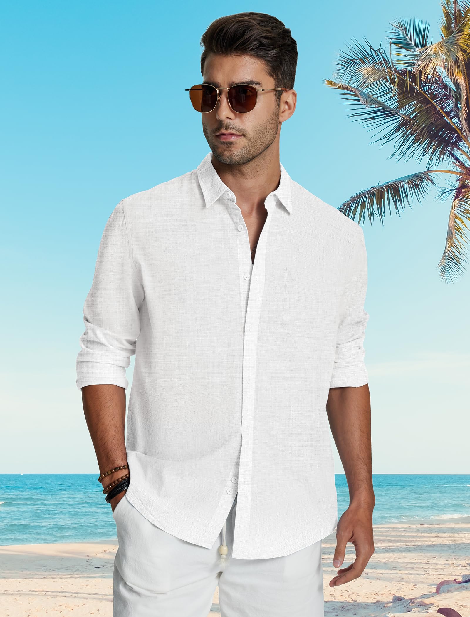 Friptspyg Leinenhemd Herren Langarm Baumwolle Leinen Hemd Herren Freizeithemden Casual Regular Fit Sommerhemd mit Tasche