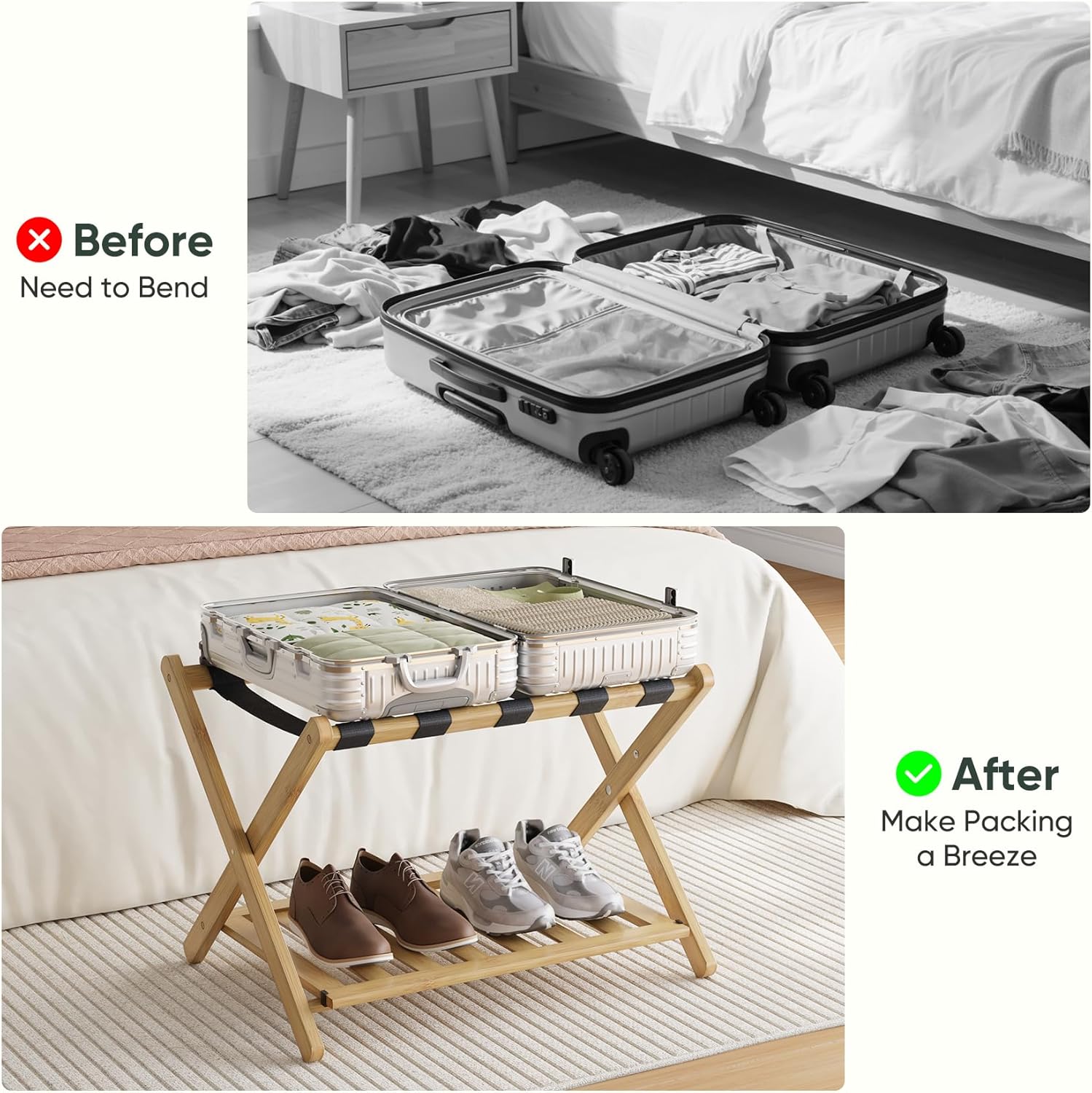 Fully Assembled Luggage Racks Pack of 2, Folding Suitcase Stand with Storage Shelf, Bamboo Luggage Stand with 5 Nylon Straps for Guest Room, Bedroom, Heavy Duty, Natural