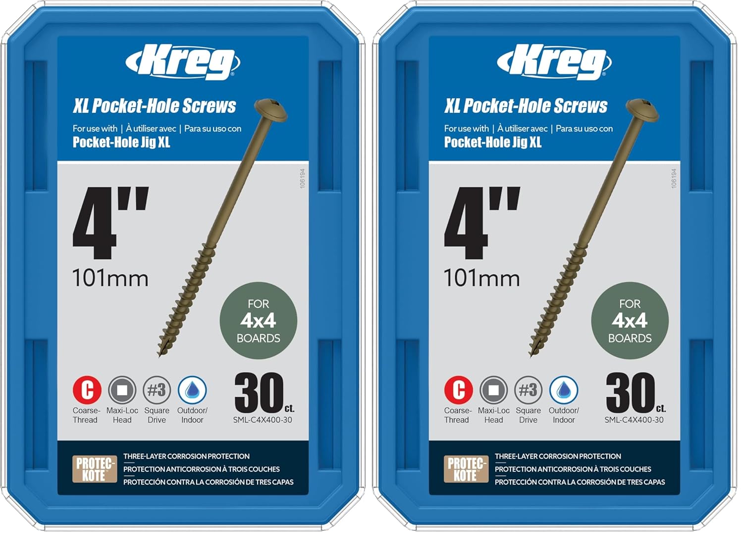 Kreg SML-C4X400-30 XL Pocket-Hole Screws 4", (30 Count) (Pack of 2)