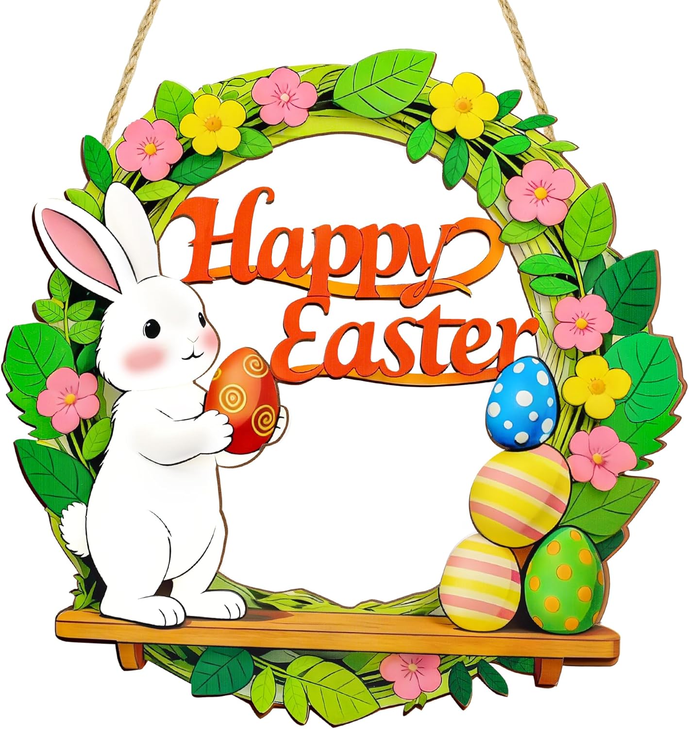 Wooden Easter Wreath Door Sign, Easter Front Door Decor with Bunny & Egg, Happy Easter Decorations for Home Indoor Outdoor Hanging Spring Easter Decor Party Supply