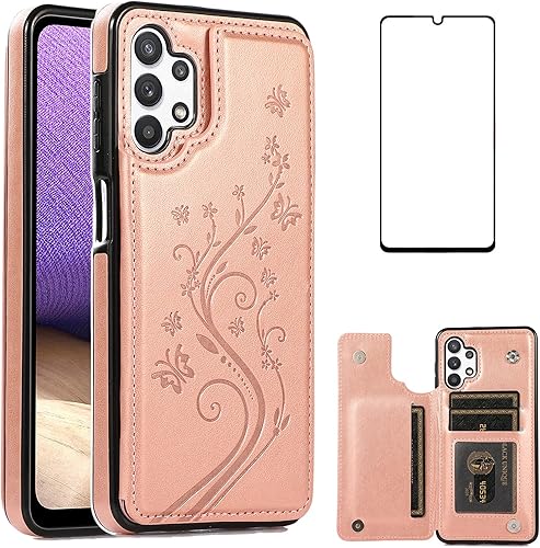 Funda de teléfono para Samsung Galaxy A32 5G de 6.5 pulgadas con protector de pantalla de vidrio templado, tarjetero/tarjetero/cartera, soporte para