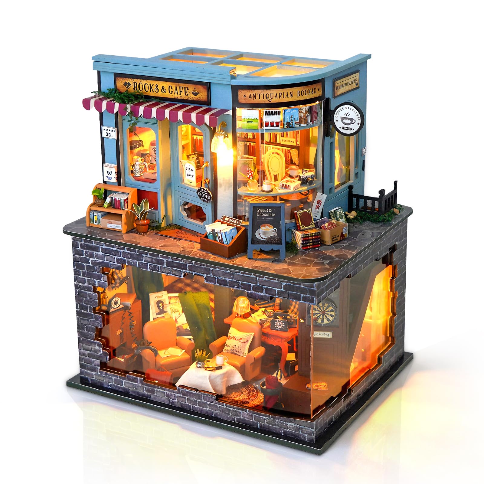 Cuteefun Miniature DIY Dolls House Kit, Wooden Doll house Kit with Furniture and Dust Cover, Handmade Crafts for Adults, 1:24 for Birthday, Valentine's Day, Christmas (Detective’s Book Café) — image 1