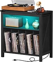 Vista 1 de Large Record Player Stand with Charging Station & LED Lights, Black Vinyl Record Storage Holder Holds up to 230 Albums, Turntable Stand with Display