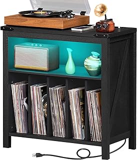 Large Record Player Stand with Charging Station & LED Lights, Black Vinyl Record Storage Holder Holds up to 230 Albums, Turntable Stand with Display Shelf for Music Room Bedroom Living Room.