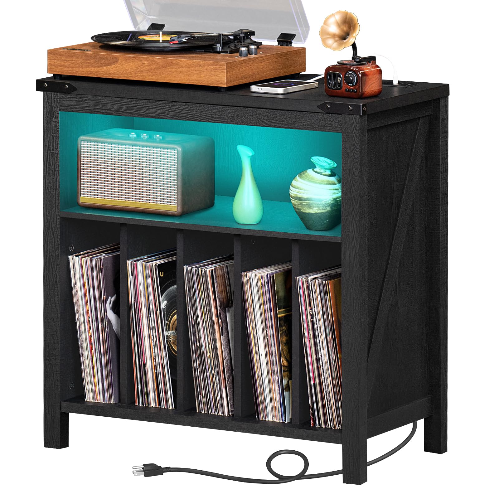 Large Record Player Stand with Charging Station & LED Lights, Black Vinyl Record Storage Holder Holds up to 230 Albums, Turntable Stand with Display