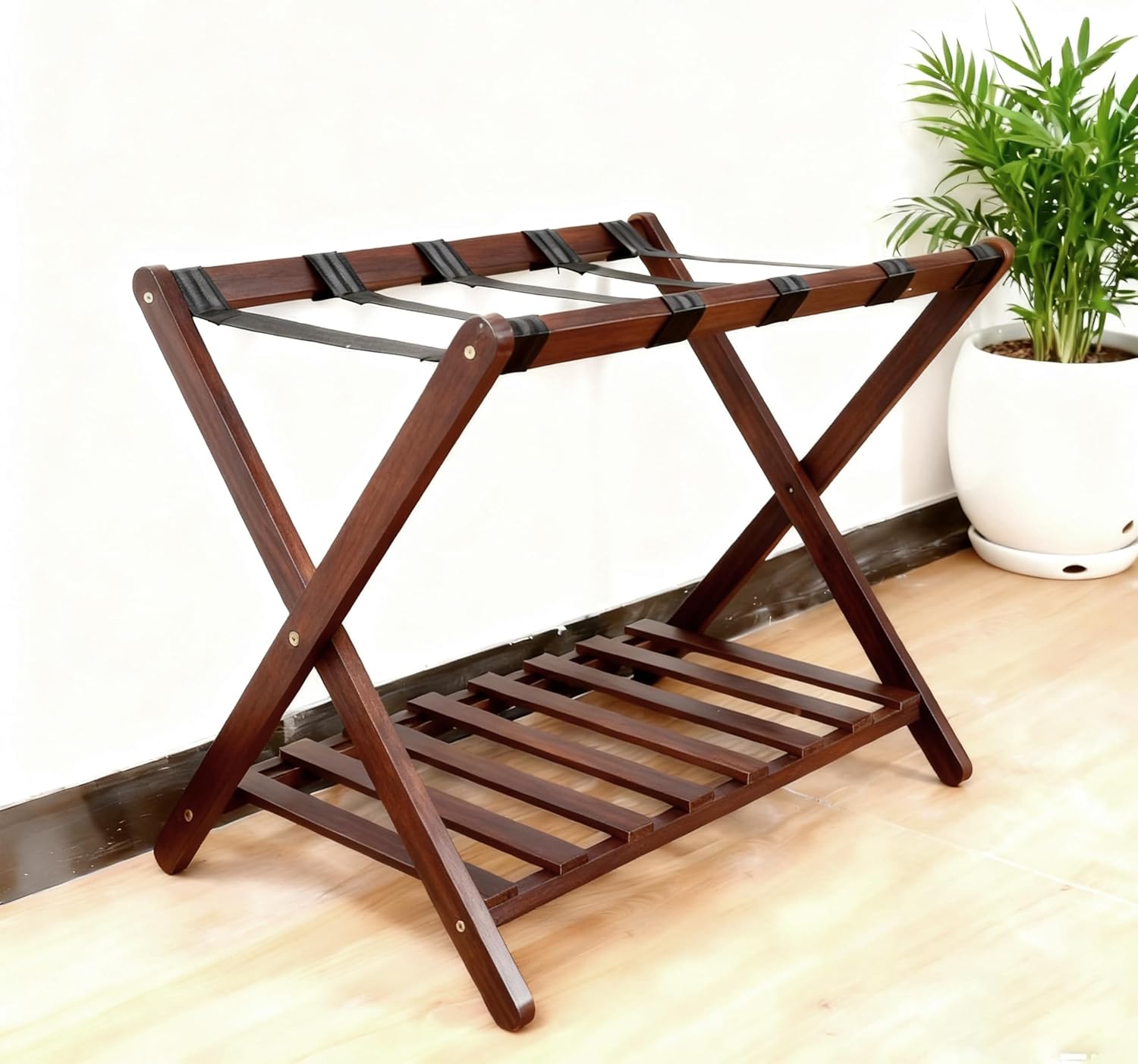 Solid Wood Luggage Rack, Foldable Suitcase Stand, Luggage Holder with Storage Shelf