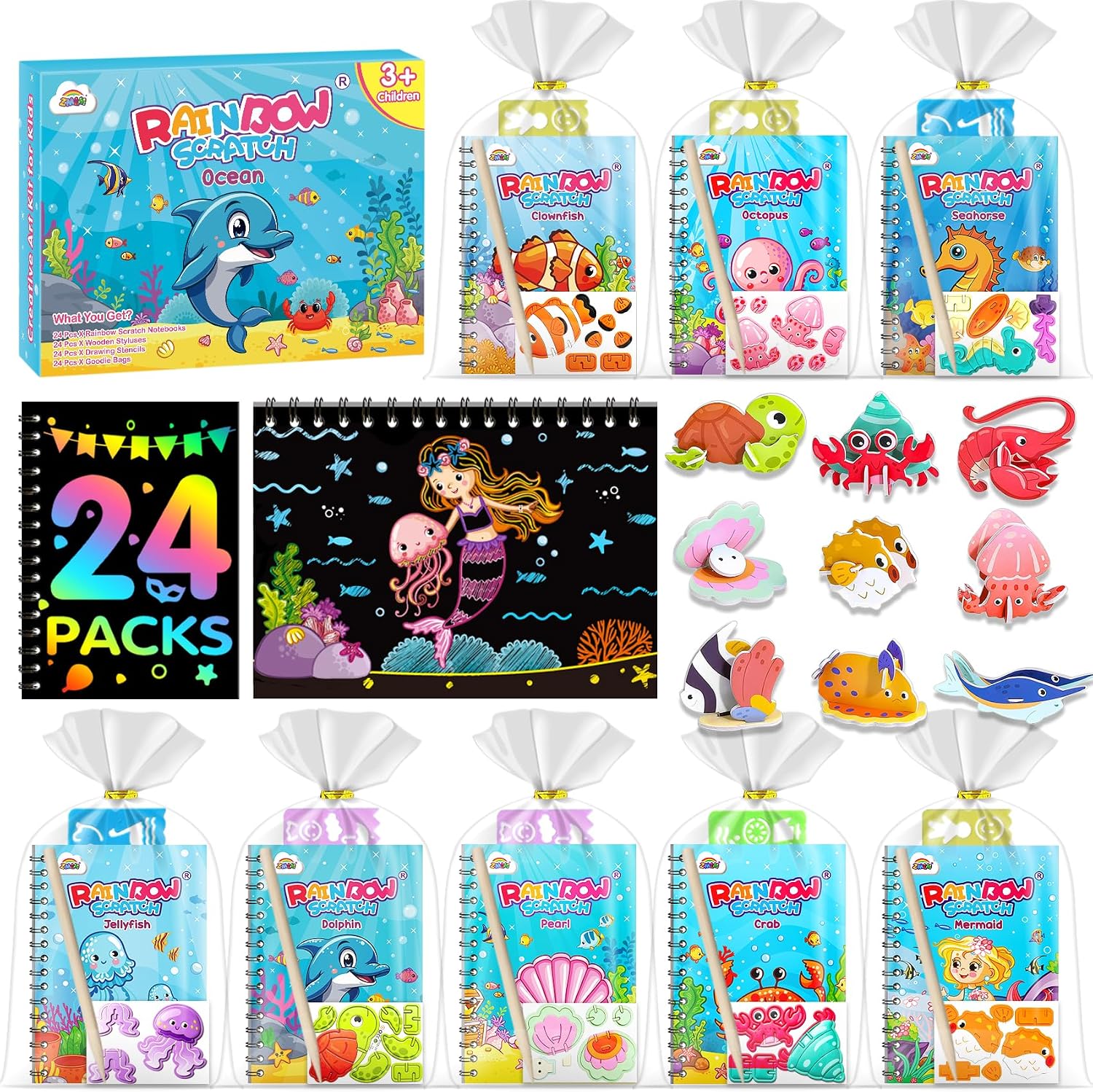 ZMLM 24 Pack Rainbow Art Scratch Notebooks for Kids Birthday Party Favors
