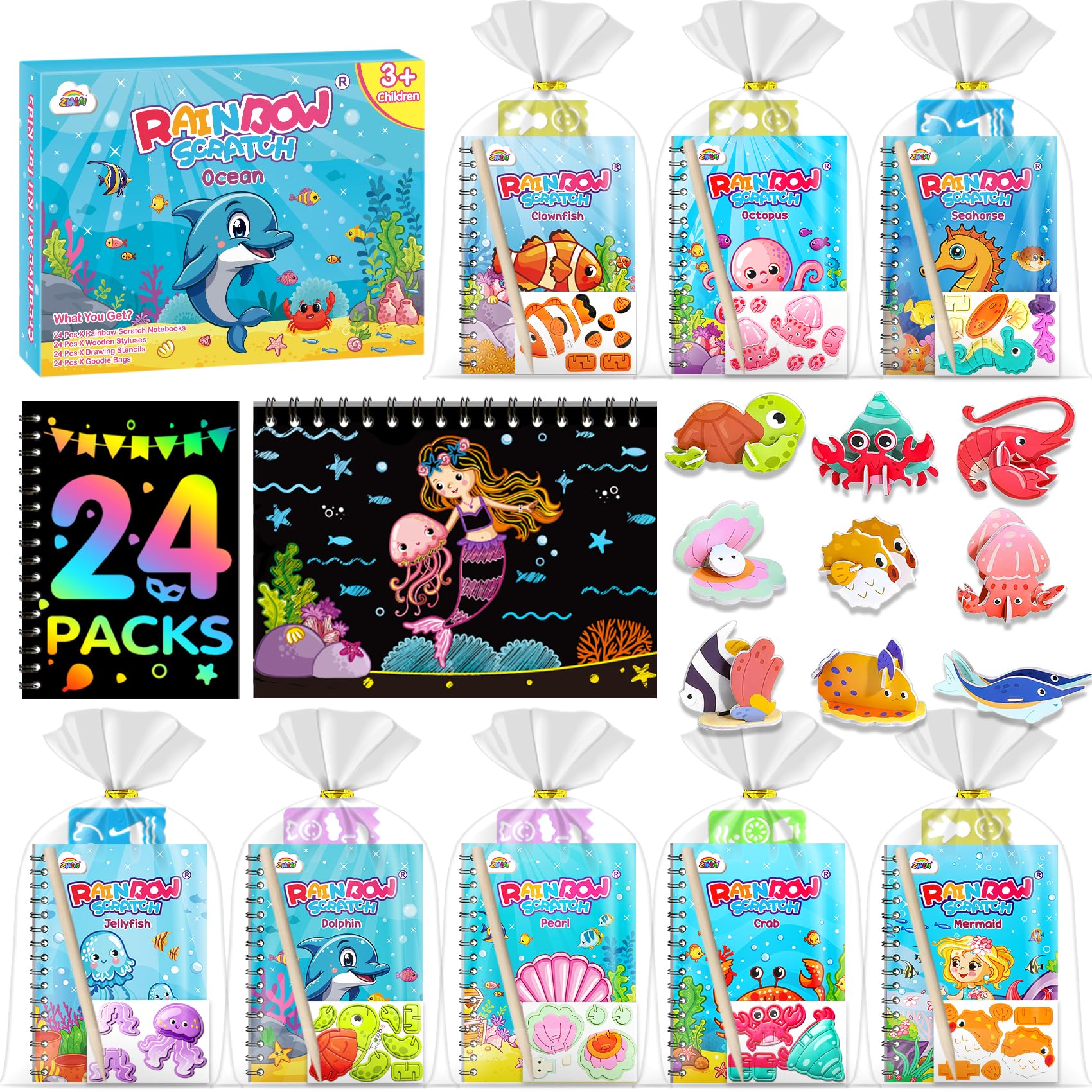 ZMLM 24 Pack Rainbow Art Scratch Notebooks for Kids Birthday Party Favors