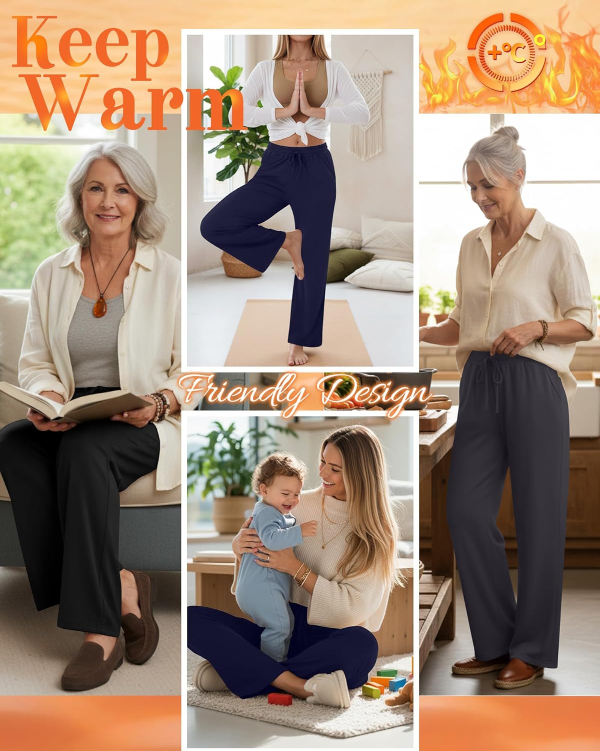 3 Pack Women's Fleece Sweatpants Thermal Wide Leg Straight Drawstring Pants Warm Open Bottoms with Pockets - Image 4