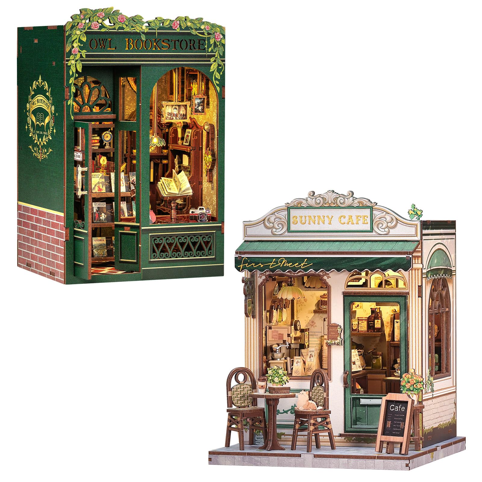 Book Nook Kits for Adults - DIY Puppenhaus Miniatur mit LED-Licht, Holz Elegant, Geschenke für Familie und Freunde(Owl Bookstore&Sunny Cafe)