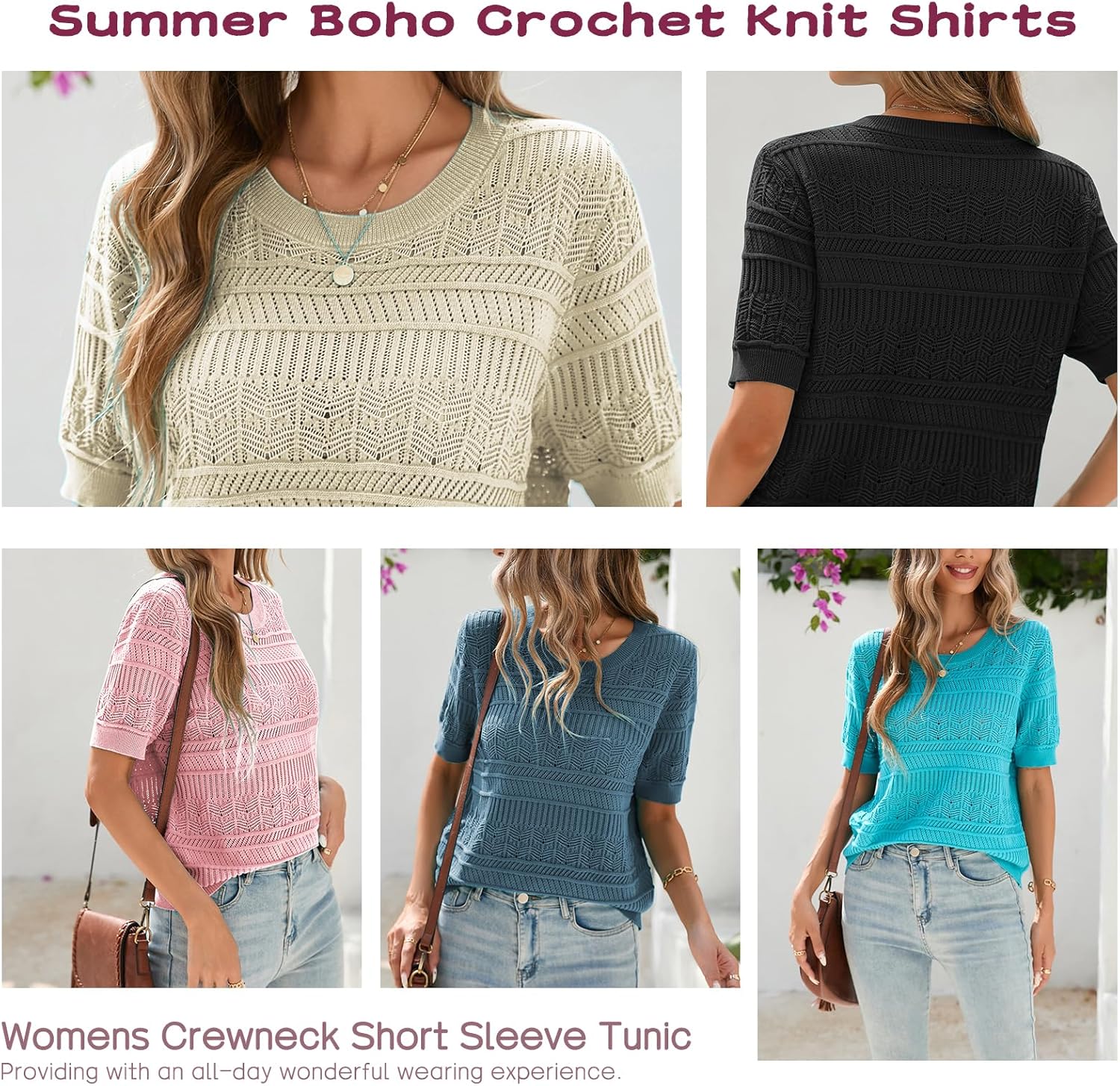 Famulily Womens Summer Boho Crochet Knit See Through Sweaters Tops Casual Short Sleeve Crew Neck Sweater Shirts - Image 6