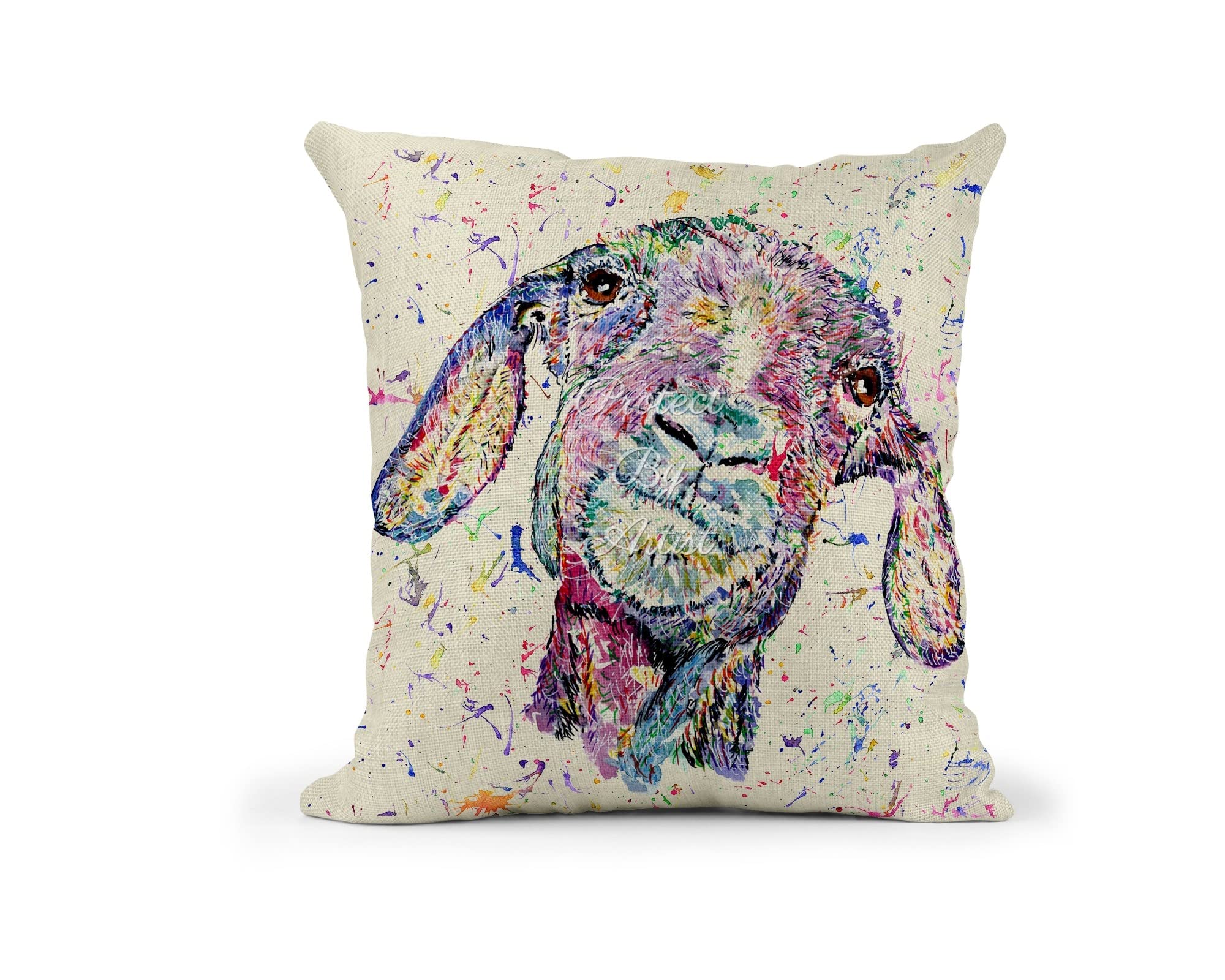 Vixar Goat Watercolour Rainbow Art Farm Animal Linnen Cushion With Filling Or Cover Only, 40X40cm, Gift, Christmas, Birthday (Cover Only) (Cover Only)