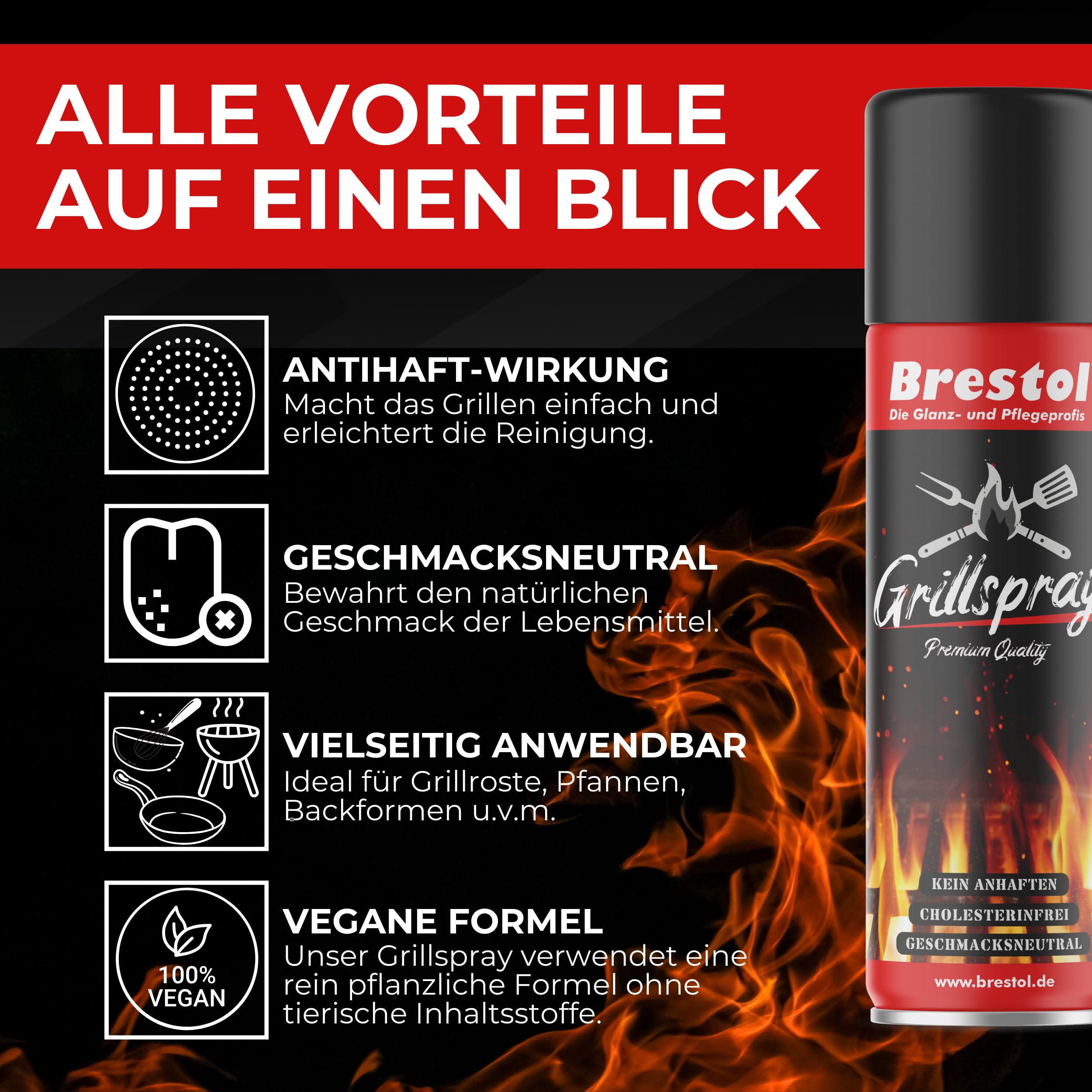 BRESTOL® Trennspray Grill 4x 200 ml - Grillspray mit Antihaftbeschichtung, Trennfett, Vegan, Antihaftspray für BBQ, Pfanne, Ofen & Backformen – geschmacksneutral & ideal für fettfreies Braten & Backen