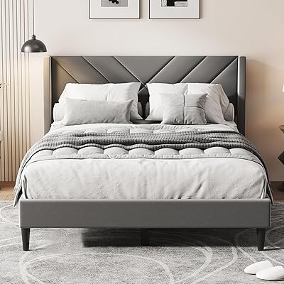 Casaottima Queen Bed Frame Upholstered Platform Bed with Wingback Headboard, Sturdy Wooden Slats Support, Noise-Free Mattress Foundation, No Box Spring Needed, Easy Assembly, Arrow Pattern Smoky Grey