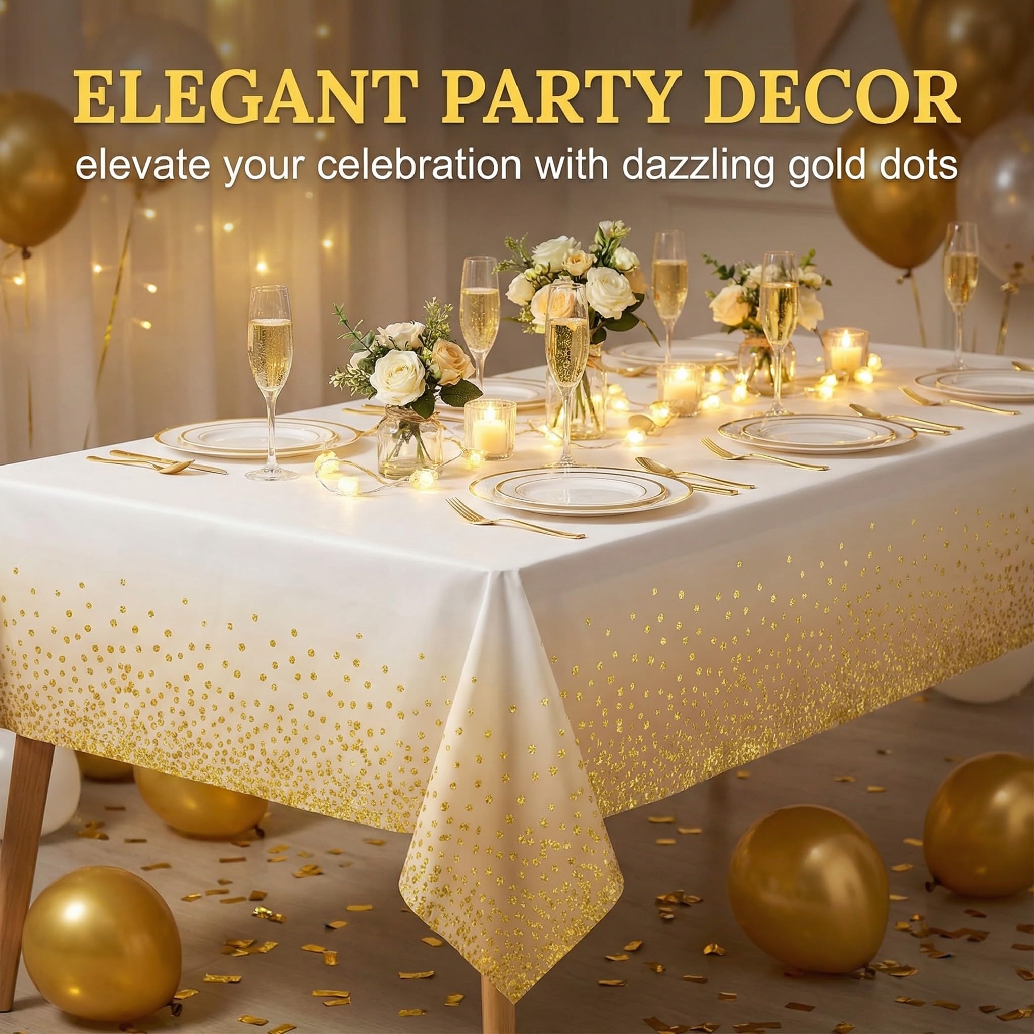 3 Pezzi Tovaglia Usa e Getta, Tovaglie Rettangolare a Pois Bianchi e Dorati per Matrimoni, Natale, Party, Picnic, Compleanno, battesimo(137 x 183 cm)