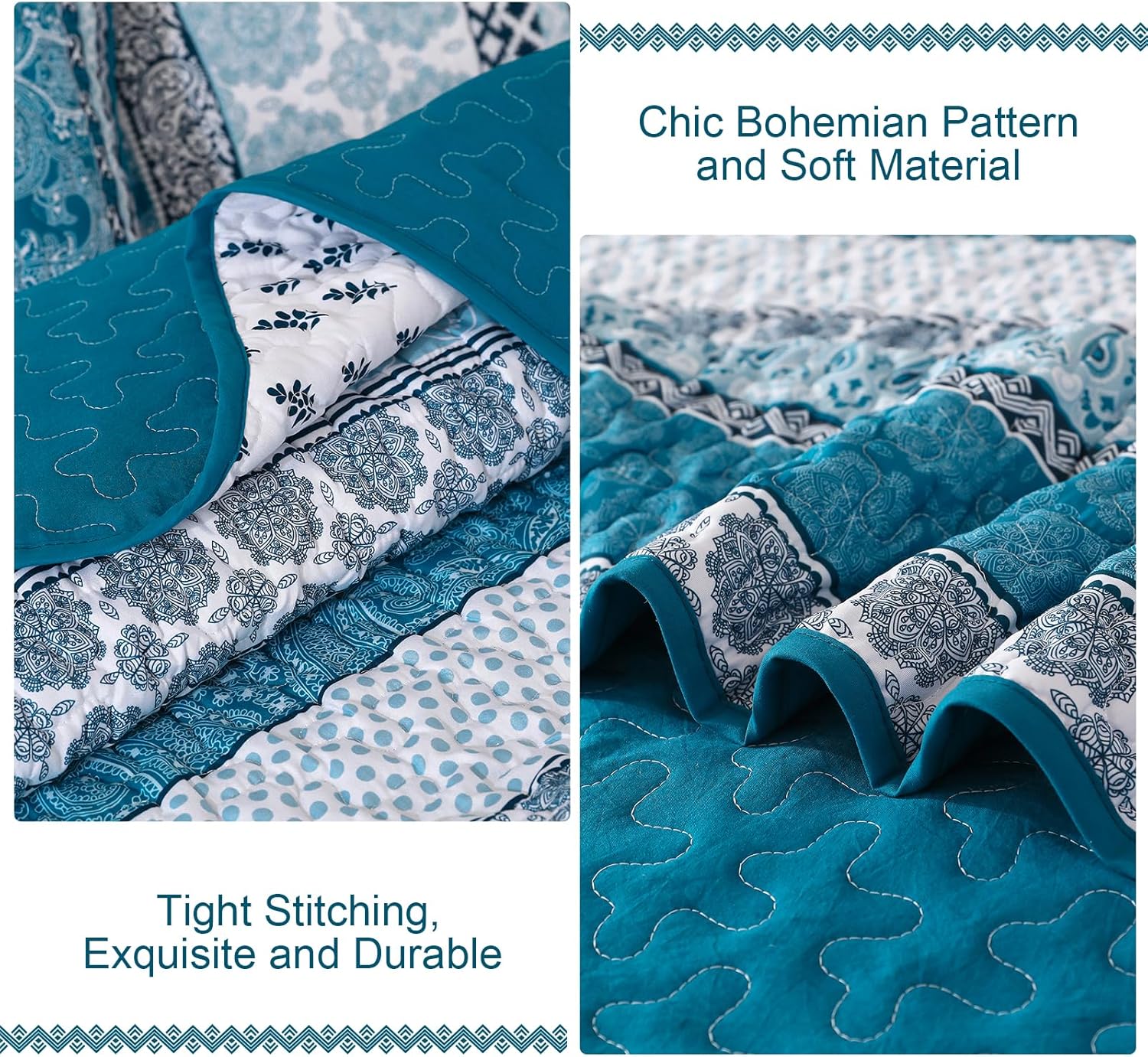 WONGS BEDDING Boho Quilt Set Queen Size, Teal Blue Bohemian 3 Pieces Quilt Sets, Lightweight Bedspread Coverlet Bedding Set for All Season (96"x90") - Image 6
