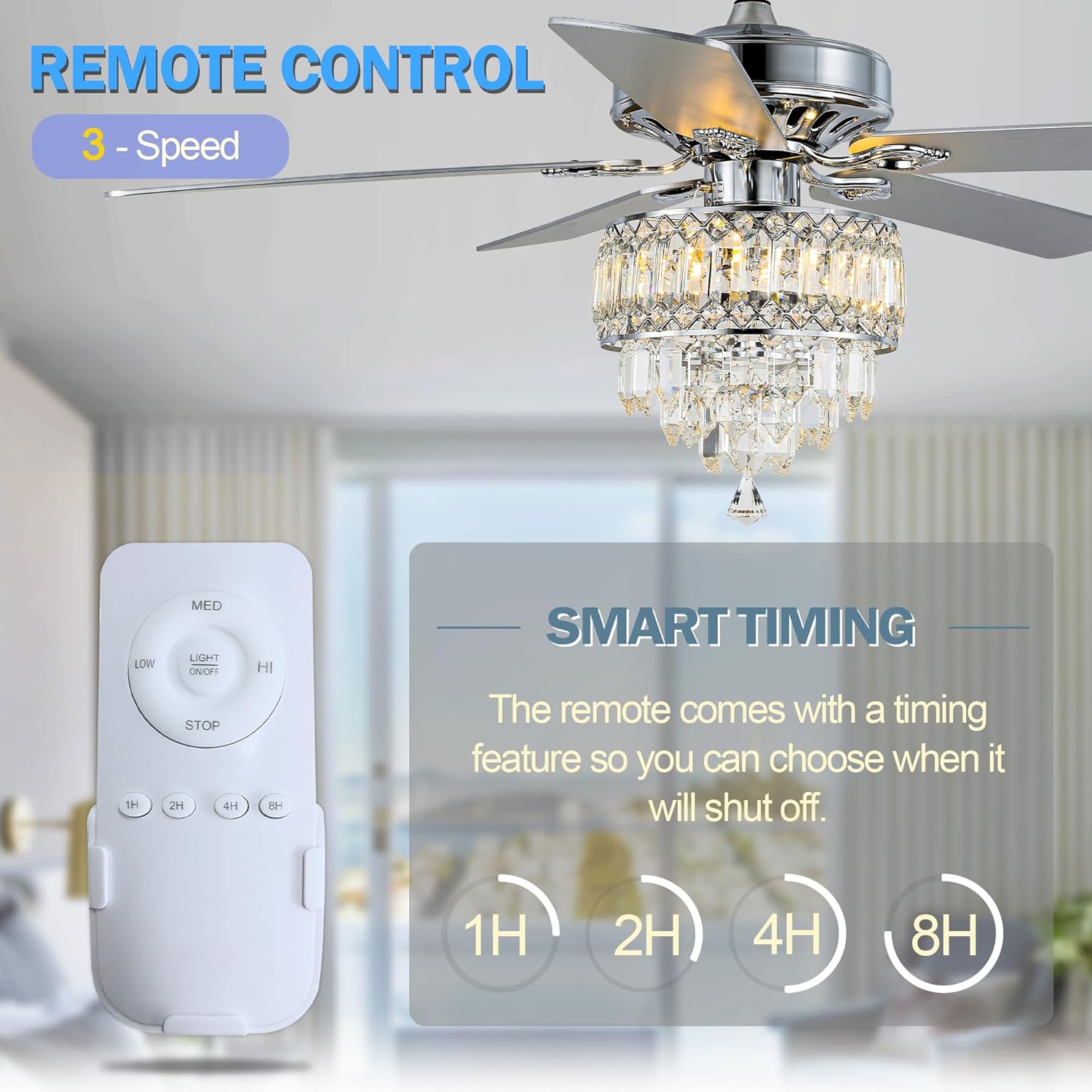 52 Inch Modern Ceiling Fans with Lights Reversible Silent DC Motor 6 Speed Timing Options Silver Chandelier Ceiling Fan for Bedroom Dining Room