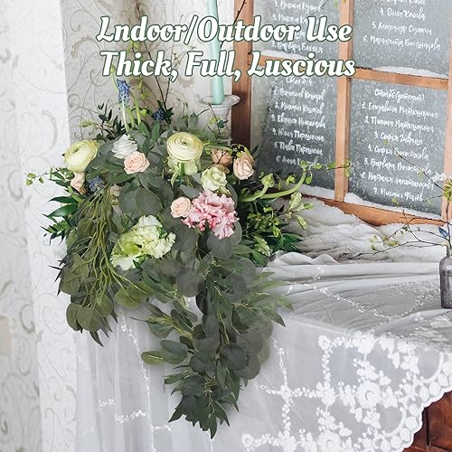 Miniatura 4 de Paquete de 10 guirnaldas artificiales de eucalipto con hojas de sauce de 6.4 pies de vegetación artificial de vid con estampado de dólar de plata