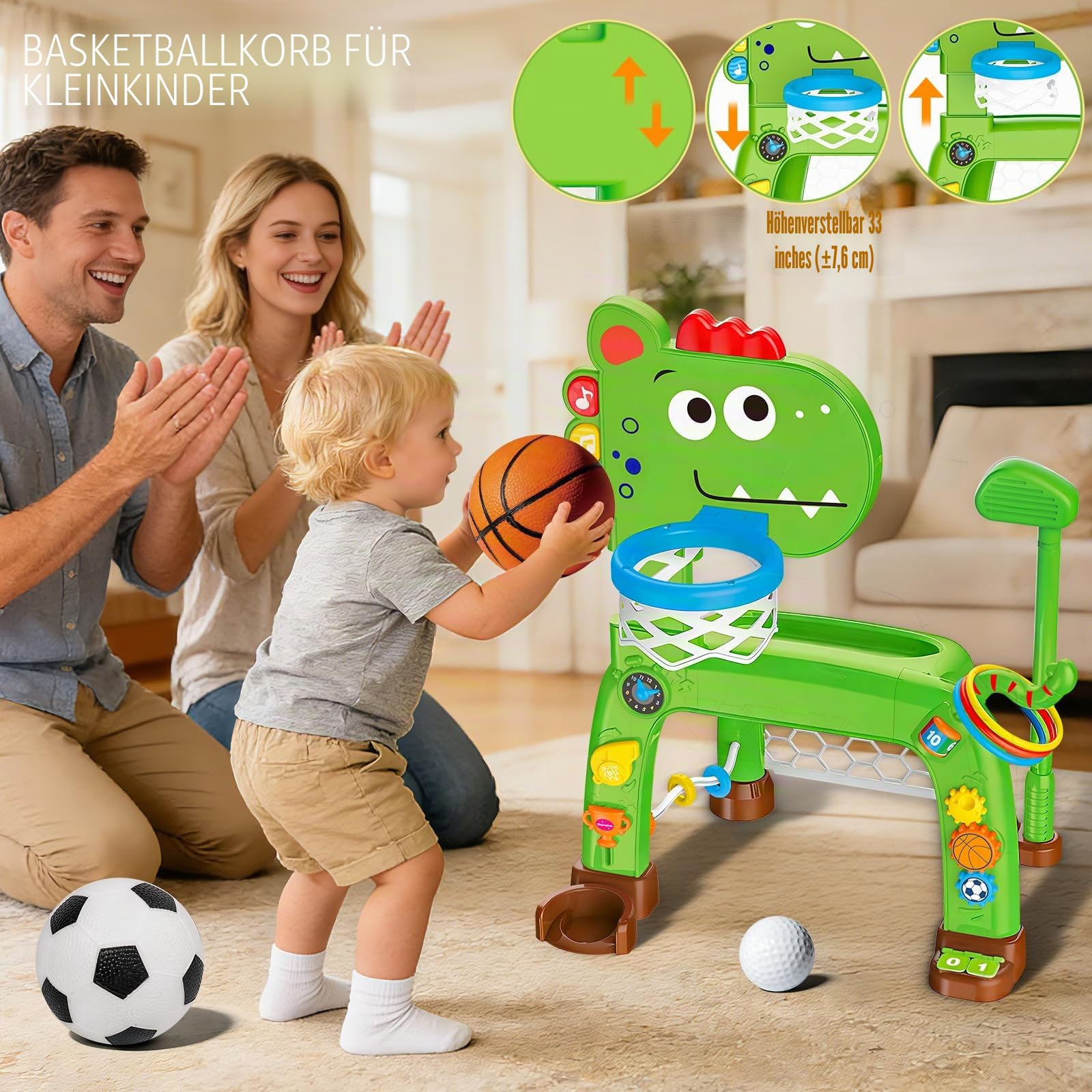 4-in-1 Basketballkorb und Fußballtor Spielzeug für Kleinkinder, Babyspielzeug mit Golfspiel und Ringwurfspiel, Dinosaurier-Spielzeug für 1 2 3 jährige Jungen und Mädchen mit Licht, Sound und Musik