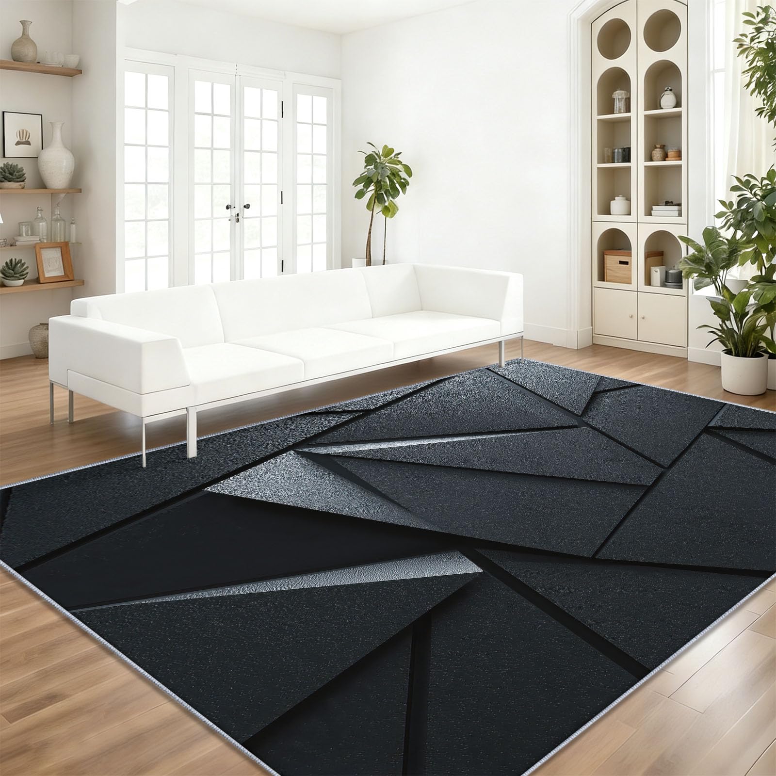 Moderne Minimaliste Tapis en TPR Antidérapant, Lavable Tapis 120 x 170 cm Géométrique Métal Triangle, pour Salon ou Chambre Intérieur, Noir