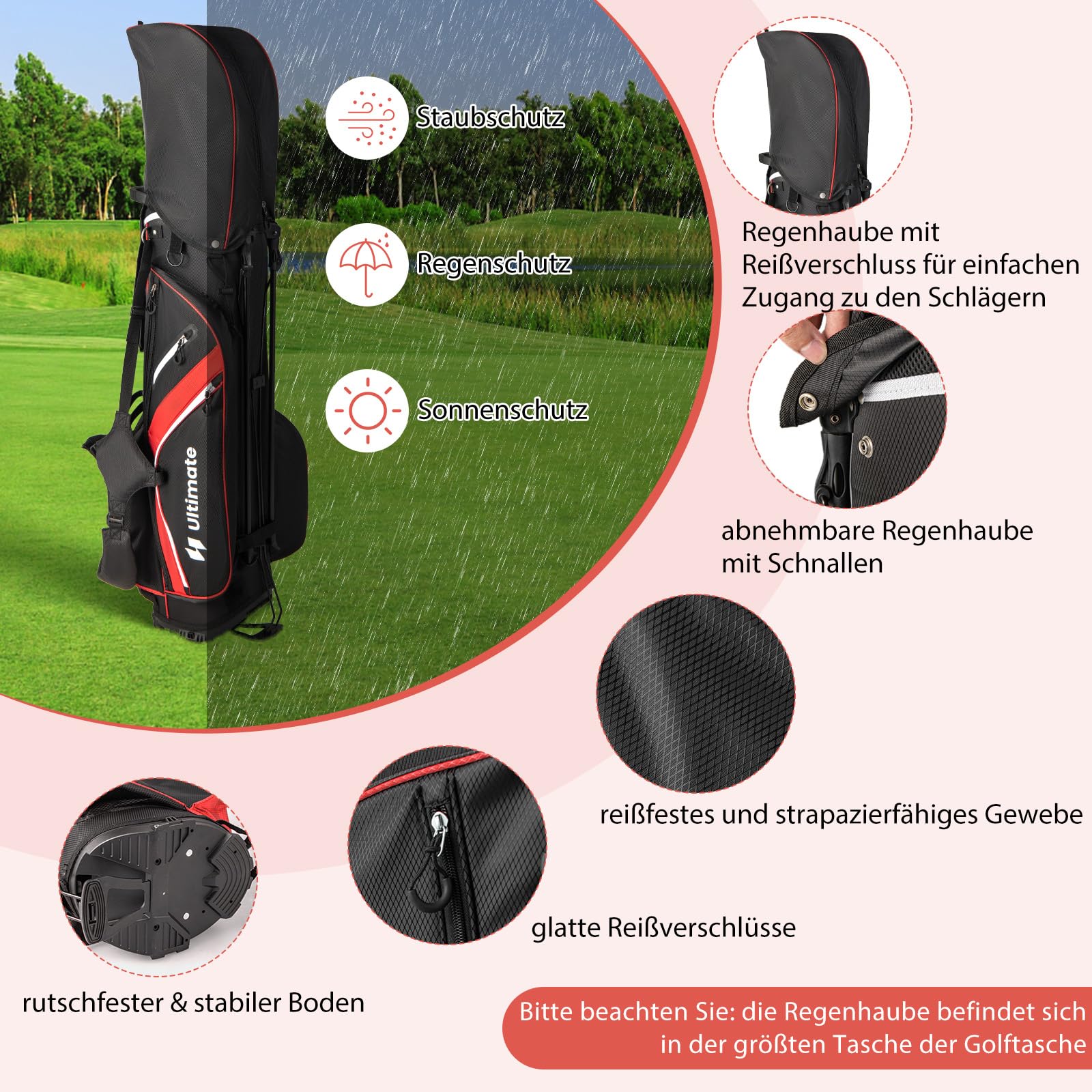 GYMAX Golf-Standtasche tragbar, Golftasche mit 14 Fächern & 6 Taschen, Golftaschenständer mit Regenhaube & Tragegriff, Standbag für Herren & Damen