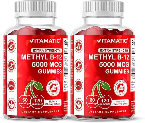 Miniatura 10 de Vitamatic Gomitas de vitamina B12 de 5000 mcg (metil B12), 120 unidades, apoyo al metabolismo energético y apoyo a la salud del sistema nervioso,