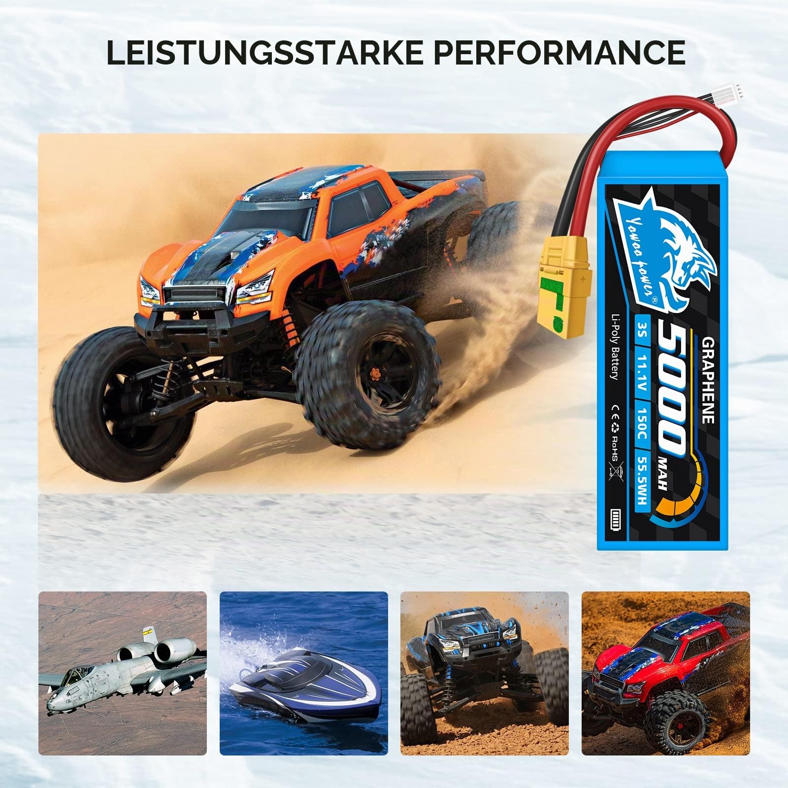 Yowoo Lipo Akku 3S 5000mAh 150C 11.1V Graphen Batterie mit XT90S Stecker für Fahrzeuge im Maßstab 1/8 Arrma Slash VXL Slash 4x4 VXL E-maxx Brushless Axial E-Revo Brushless und Spartan Modelle (2 Pack)