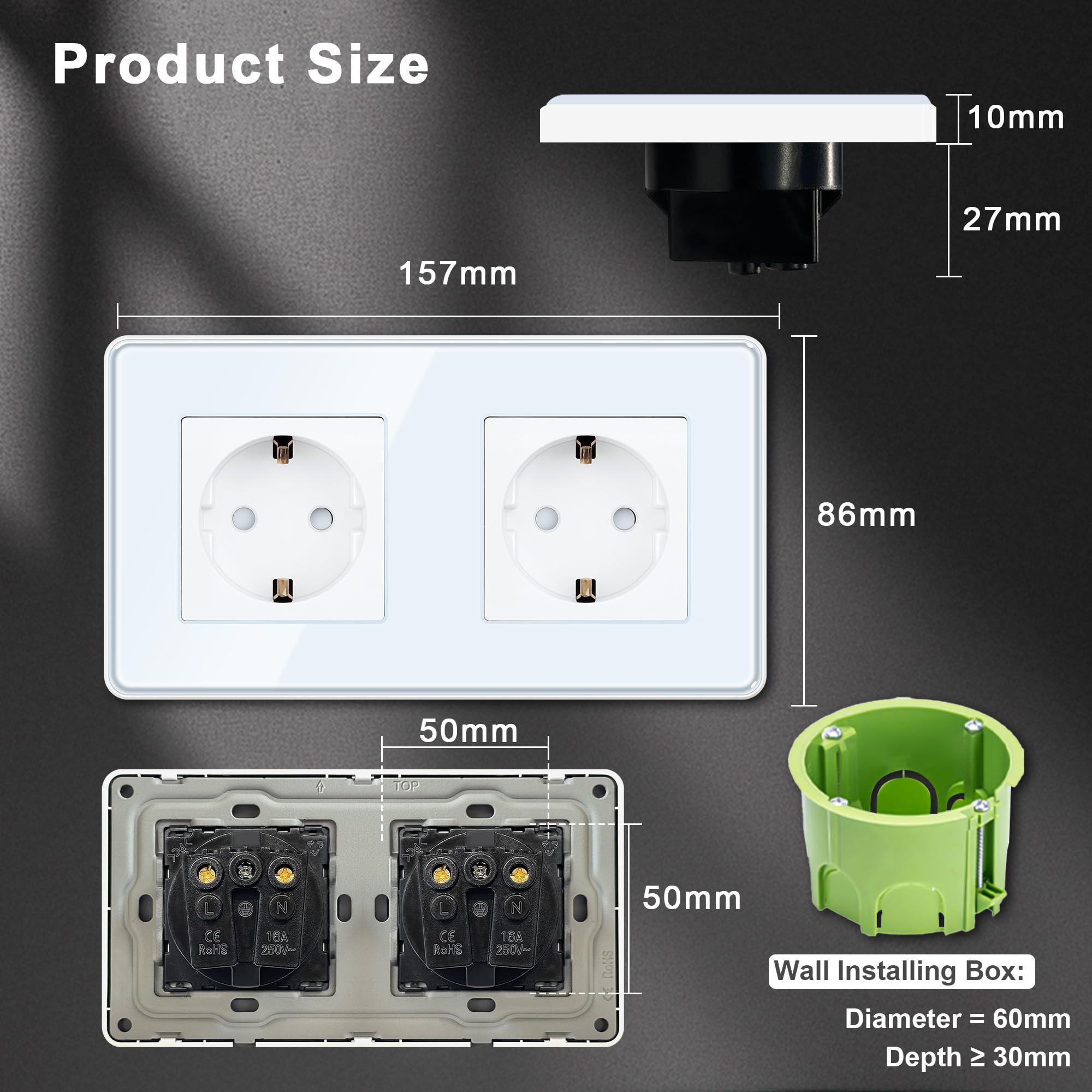 TAWOIA Lot de 6 prises Schuko encastrées à 2 compartiments standard de l'UE avec plaque en verre incurvé 2,5D, prises murales blanches 86 x 157 mm