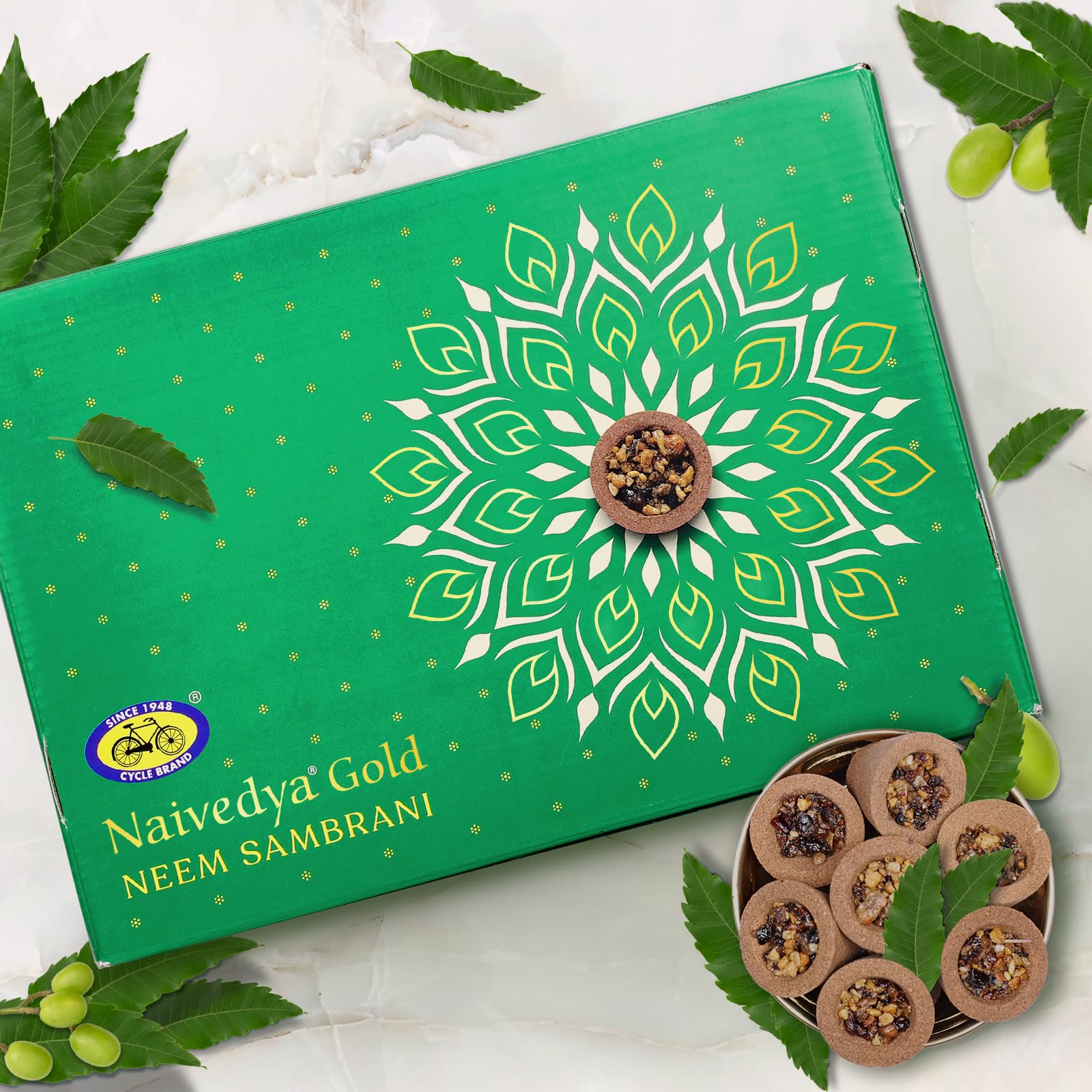 Cycle Pure Naivedya Gold Sambrani Dhoop Cups (Neem), 18 pcs with Holder | Charcoal-Free Havan Cups for Puja, Home & Festivals | Natural Guggal Dhoop for Rituals | Premium Dhoop Cones