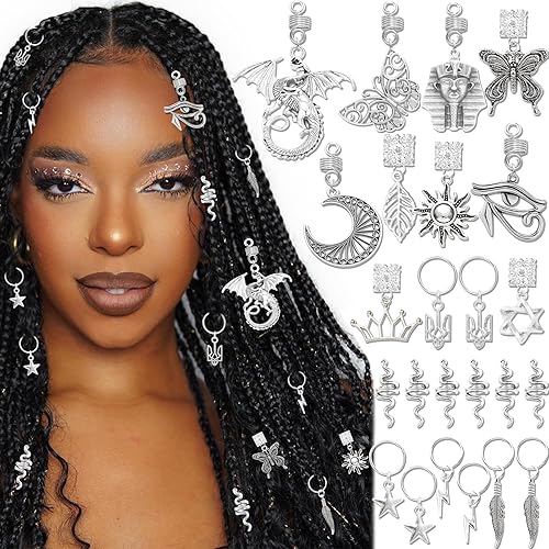 24 piezas de joyería para el cabello para trenzas, dijes plateados para mujer, joyería Loc, joyería multiforma, mariposa, luna, dragón, estrella, disponible en Yaxa El Salvador