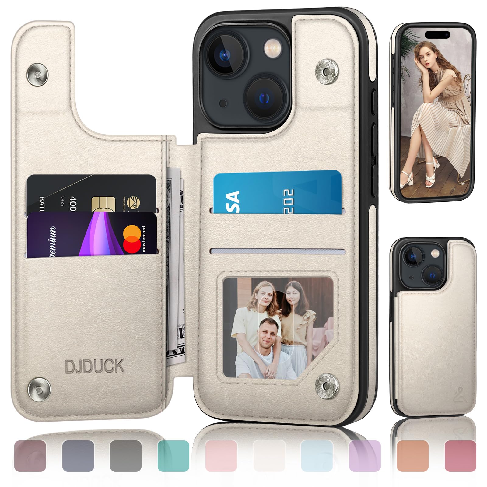 DJDUCK Designed for iPhone 15 Case Wallet with Card Holder, [Magnetic Clasp Cover] [RFID Blocking Leather Protection] Shockproof Women Men Cases 6.1