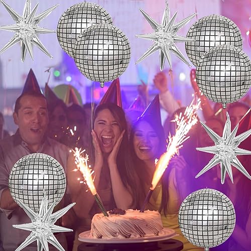 Miniatura 7 de 10 globos de discoteca de fiesta, 6 globos de discoteca 4D, globos metálicos de aluminio de espejo y 4 globos de cono de aluminio de explosión