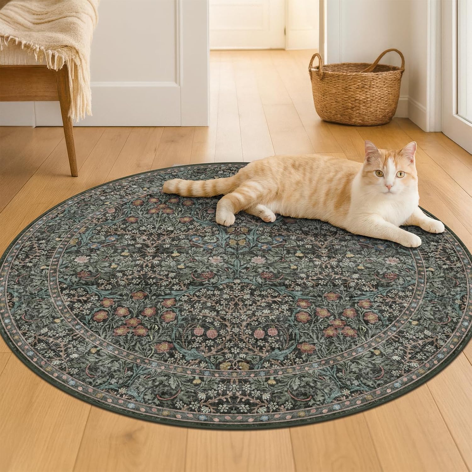 Washable Round Area Rug 4ft for Entryway, Bedroom, Kitchen, Home Office, Soft Round Living Room Rugs Ultra-Thin Non-Slip, Small Circle Carpet, Vintage Dark Green Floral Décor 4' (Round) Dark Green
