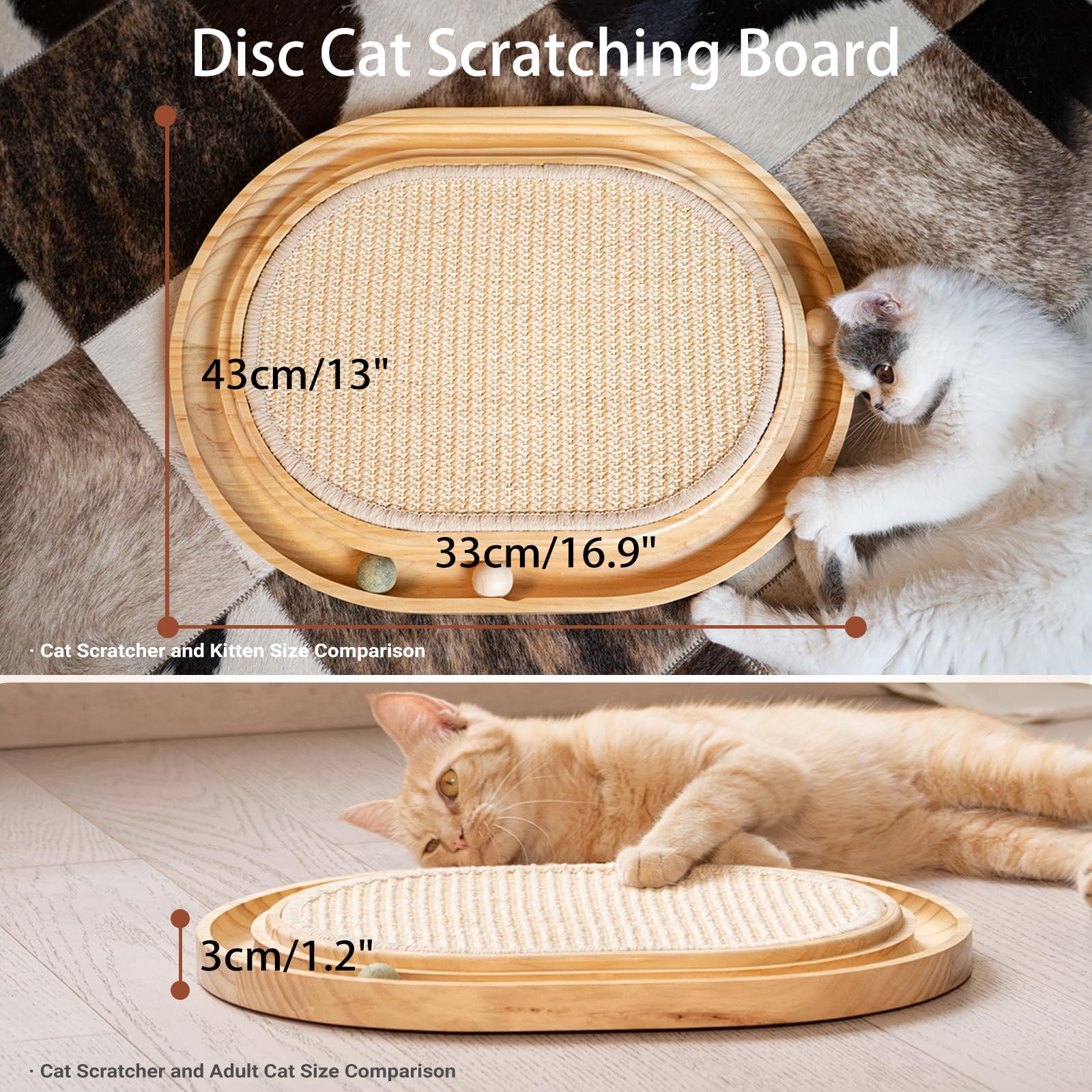 CheerPals Sisal Scratching Board, 2-IN-1 Cat Toy, Solid Pine Wood & Natural Sisal Pad & Catnip Balls - Image 2