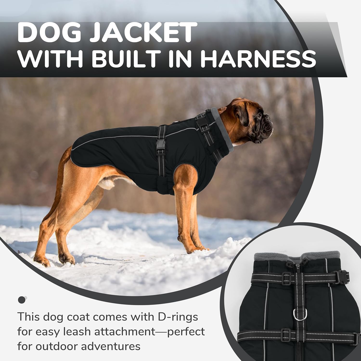 PUMYPOREITY Snow Jacket for Large Dogs Waterproof, Warm Dog Winter Coat with Harness Built in, Fleece Jacket with Back Zipper, Cold Weather Coats for Outdoor, Windproof Pet Snowsuit, Black, 2XL - Image 2
