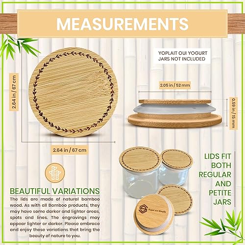 Miniatura 3 de 4-24 tapas para tarros Oui  Hermoso patrón de anillos de hojas o elige un patrón  Tapas de bambú reutilizables para tarros de yogur Oui  Tapas