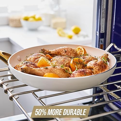 Miniatura 9 de Blue Diamond - Sartén de 12 pulgadas de cerámica antiadherente, sin PFAS, apto para estufas de inducción, horno y lavavajillas, mango dorado, color