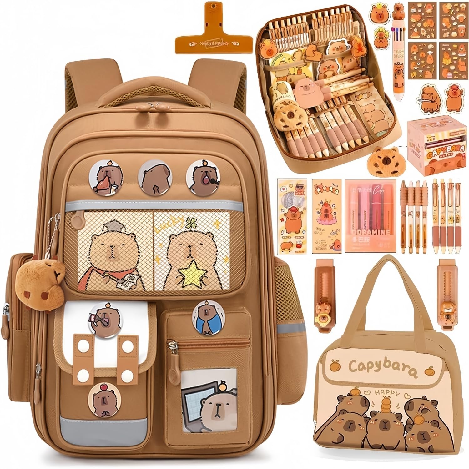 Generisch Capybara Rucksack, Capybara Schultasche für Kinder, Capybara-Schultasche mit Lunchtasche und Schreibwarenset, Schulrucksack Teenager, Geschenk für Teenager und Schüler