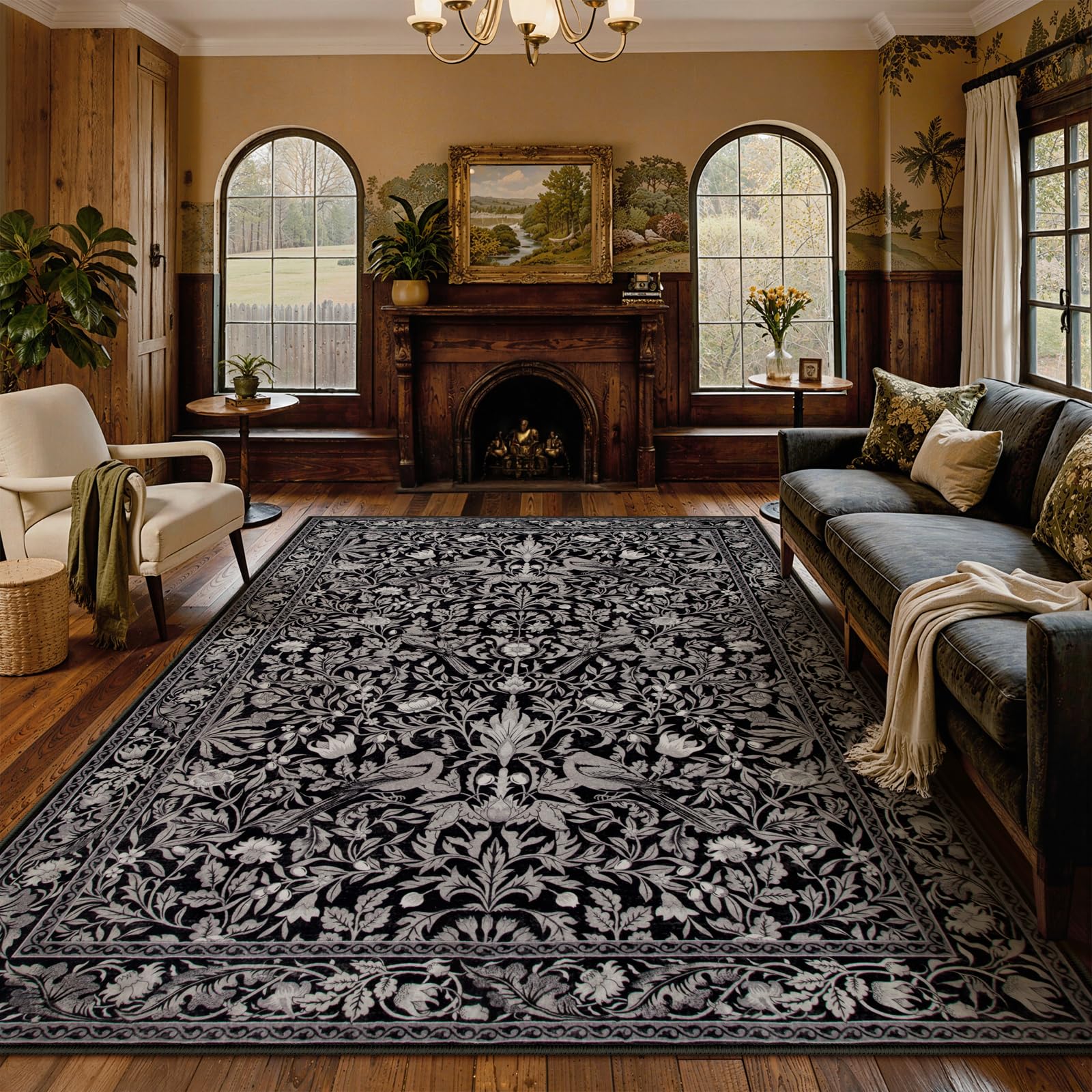 Lahome Bird Living Room Rugs 8x10 Soft Washable Black Rug for Bedroom Dining Room Rug for Under Table