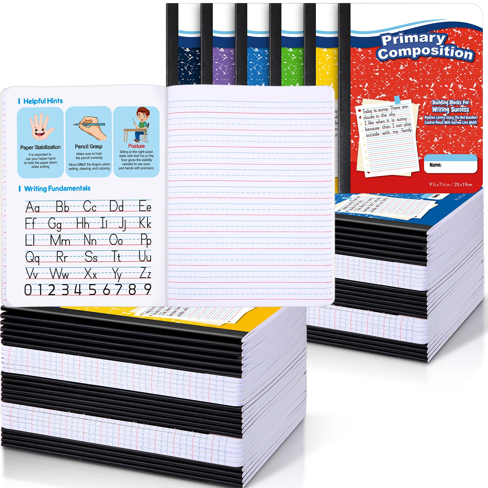 Watersay Confezione da 60 quaderni per composizione primaria K-2, 50 fogli, 24,9 x 19,1 cm, a righe, per scuola materna, per bambini, scuola materna e 2a elementare (multicolore)