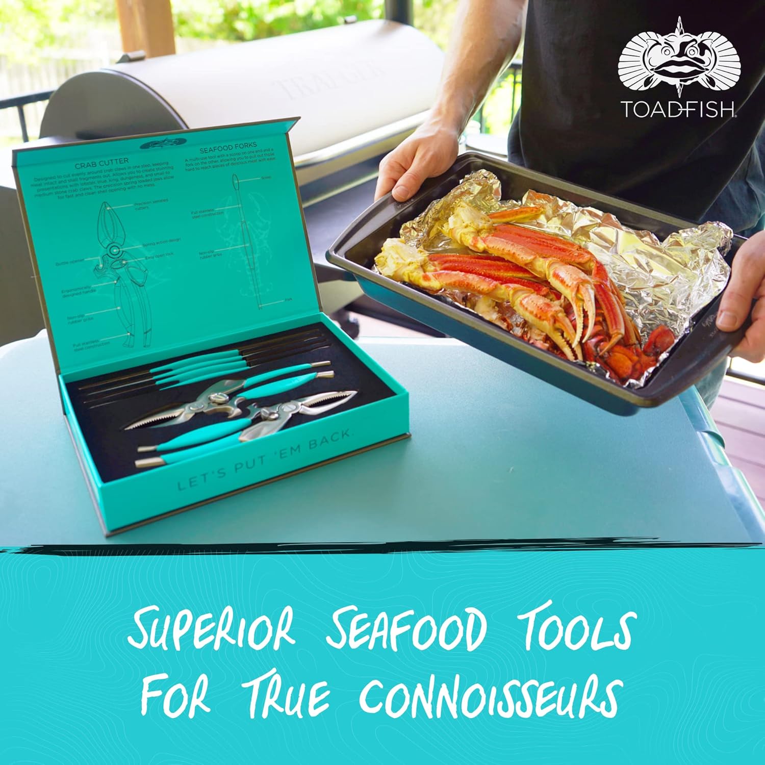 Toadfish Crab & Lobster Seafood Tool Set - 2 Shell Crackers With Cutters & 4 Multi-Use Forks - Non-Slip Grips - Stainless Steel - Built-In Bottle Opener - Makes A Beautiful Gift