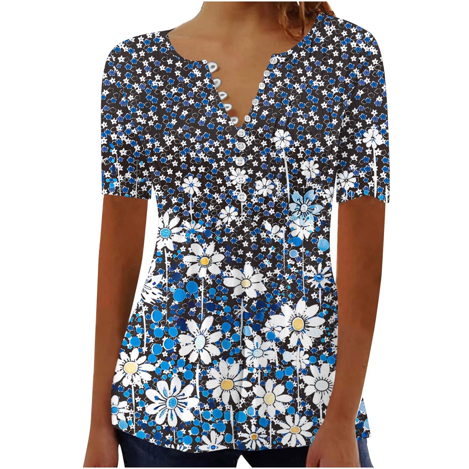 SMIDOW Summer Tops for Women 2026 Trendy Boho Floral Print Tunic Shirts Short Sleeve Button v Neck Tshirt Casual Loose Blouse