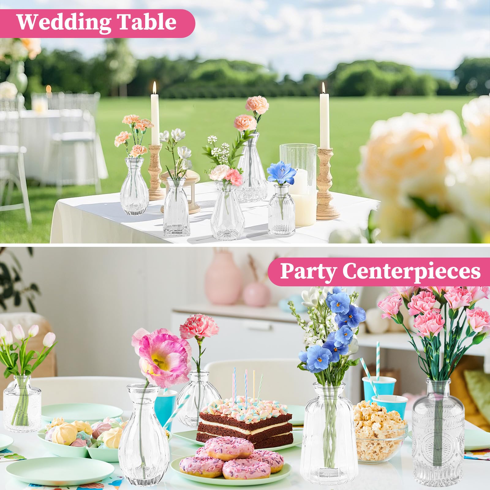12 Vasi in Vetro Trasparente, Set di Vasetti Piccoli con Stili Diversi, Mini Bottiglie per Terrario Piante e Fiori, Decorazione Casa, Matrimonio, Centro Tavola Moderno