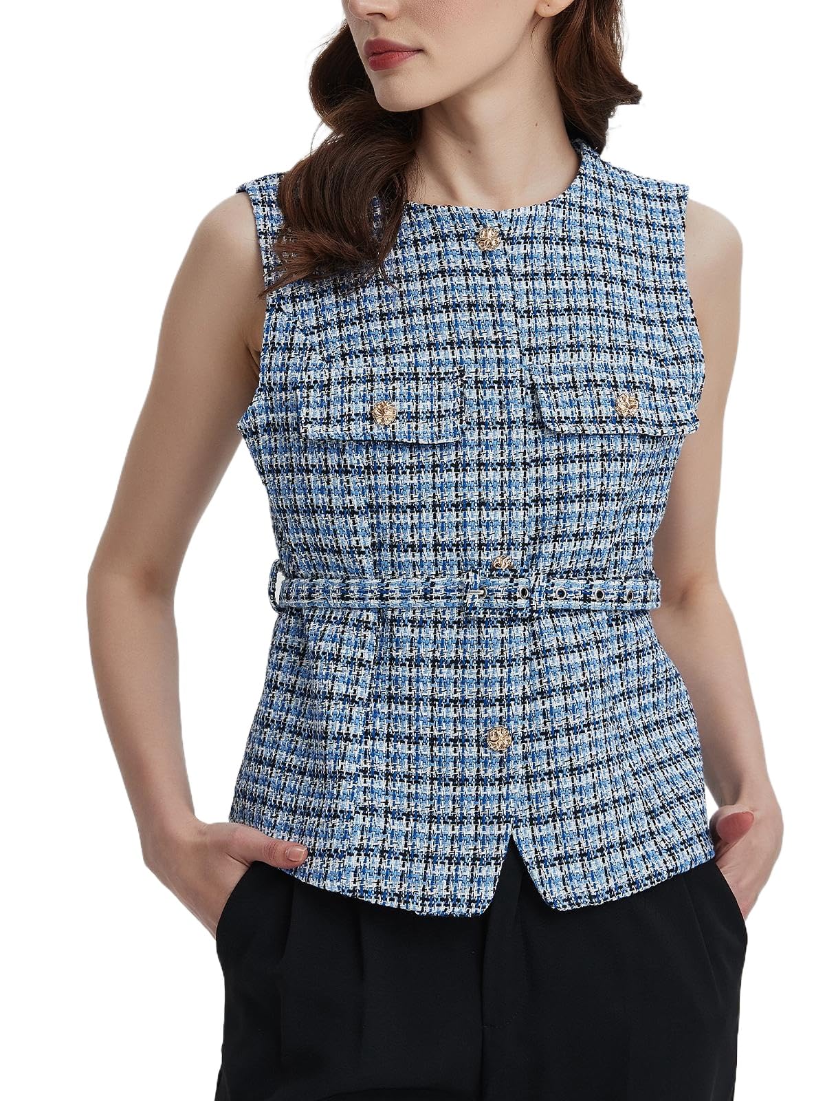 LifeShe Women Tweed Blazer Vest Button Down Sleeveless Elegant Blazers Jackets Business Office Waistcoat With Belt