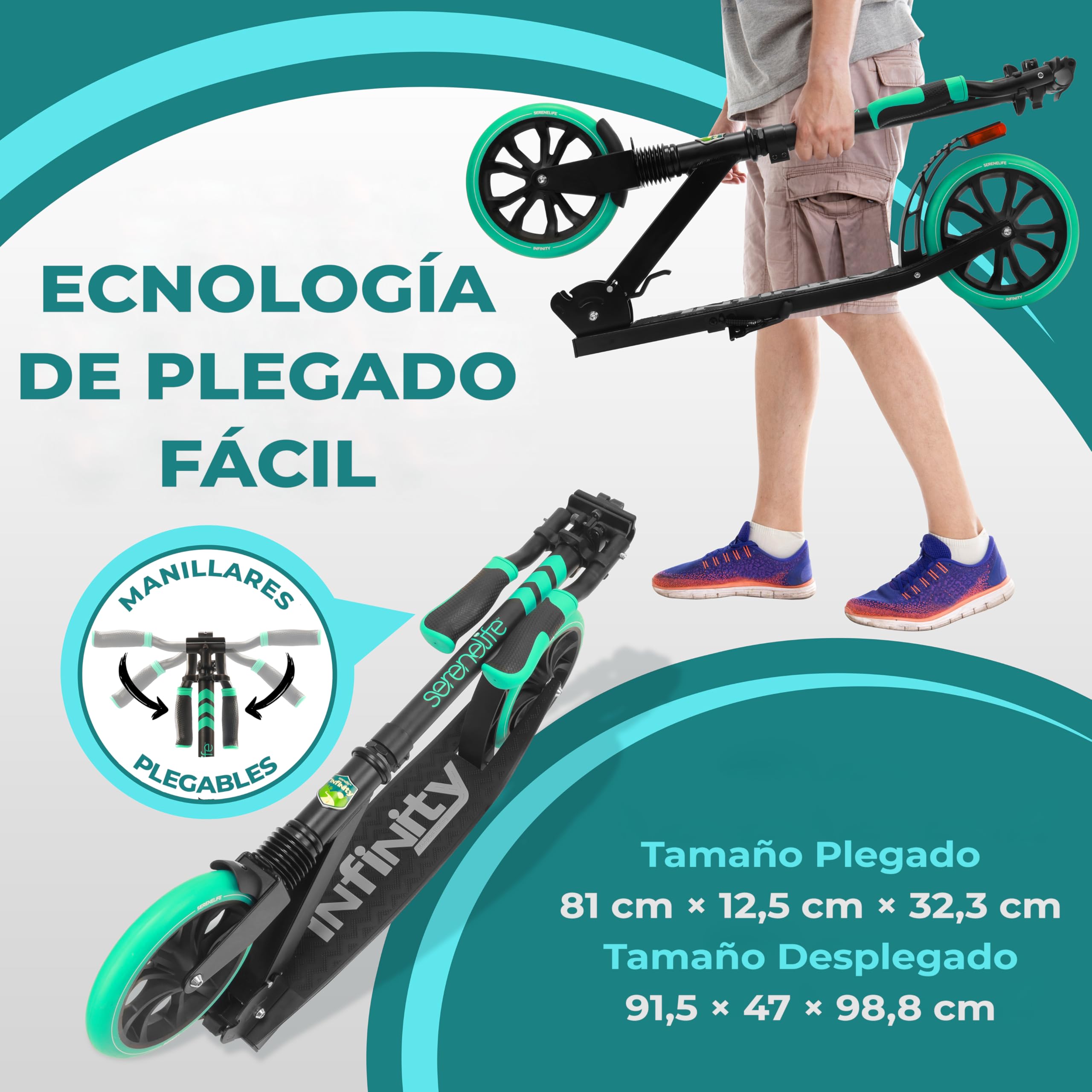 SereneLife Patinete Adolescentes, con Luces, Plegable, Ajustable, Adultos, Freno Manillar, Dos Ruedas, Barra en T, Facil maniobra