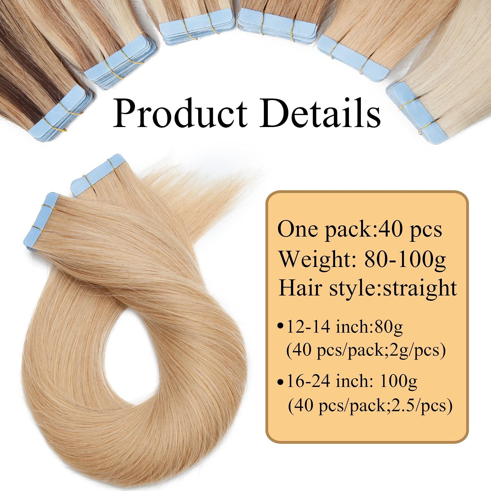 SEGO 40 PCS Extensions Adhesives Cheveux Naturels Bande Adhésif - 45cm (40Pcs) 24#Blond Naturel 100g (2.5g/Pièces)- Tape In Remy Hair Vrai Cheveux a Froid Invisible