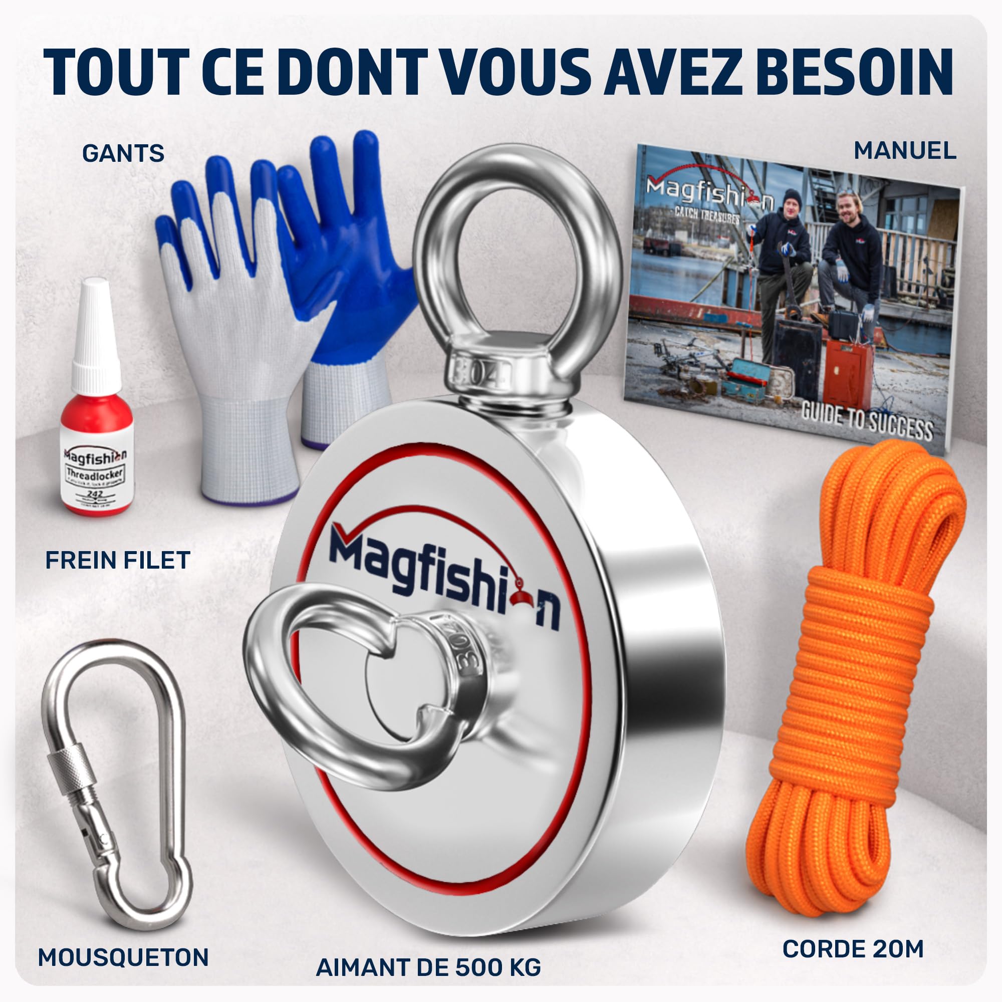 MAGFISHION Aimant Neodyme Puissant - Traction de 500KG (2 x 250kg) - Aimant de Pêche - Ø75mm - Peche a l'aimant avec de Corde (20M) et Gants - Kit de Pêche Super Magnétique