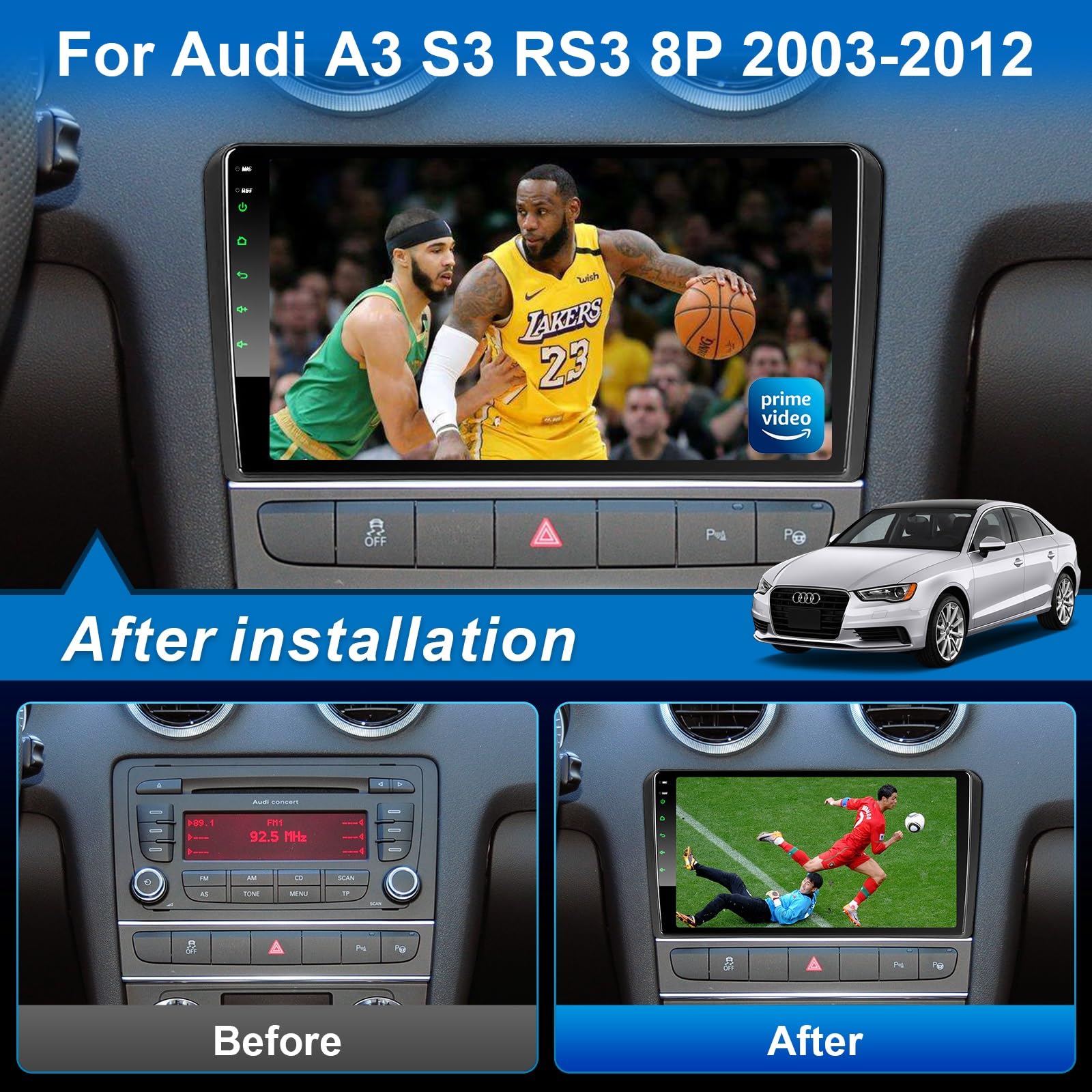 Android Autoradio mit Navi Bildschirm Carplay Android Auto für Audi A3 S3 RS3 2003-2012,9 Zoll 4GB+64GB Android 1 Din Radio Auto Radio Touch Display mit Bluetooth RDS FM GPS WiFi