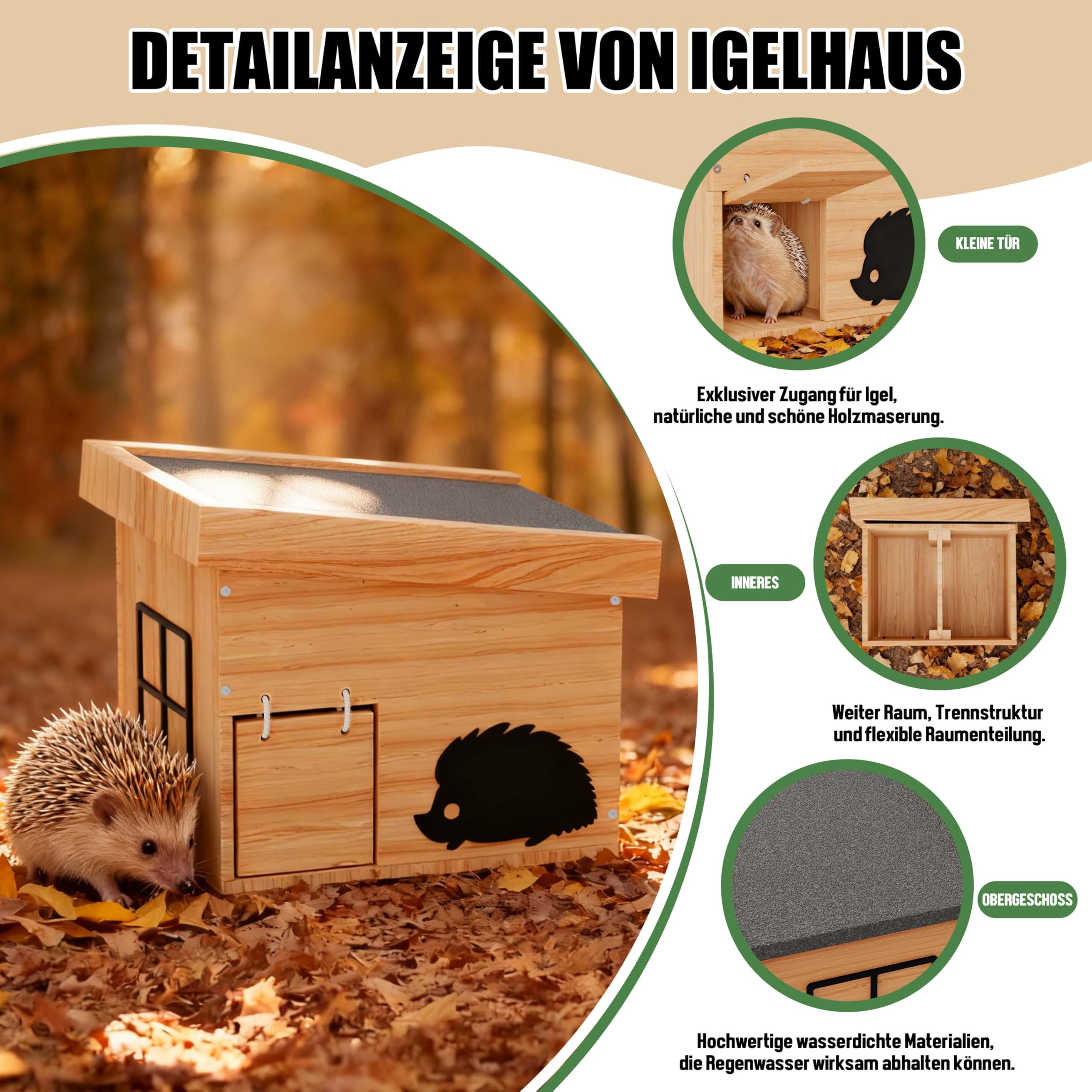 Mihoho Igelhaus Winterfest aus Holz, Igelhotel mit Boden, wetterfest, Winterquartier für Igel, Bausatz (Buche)
