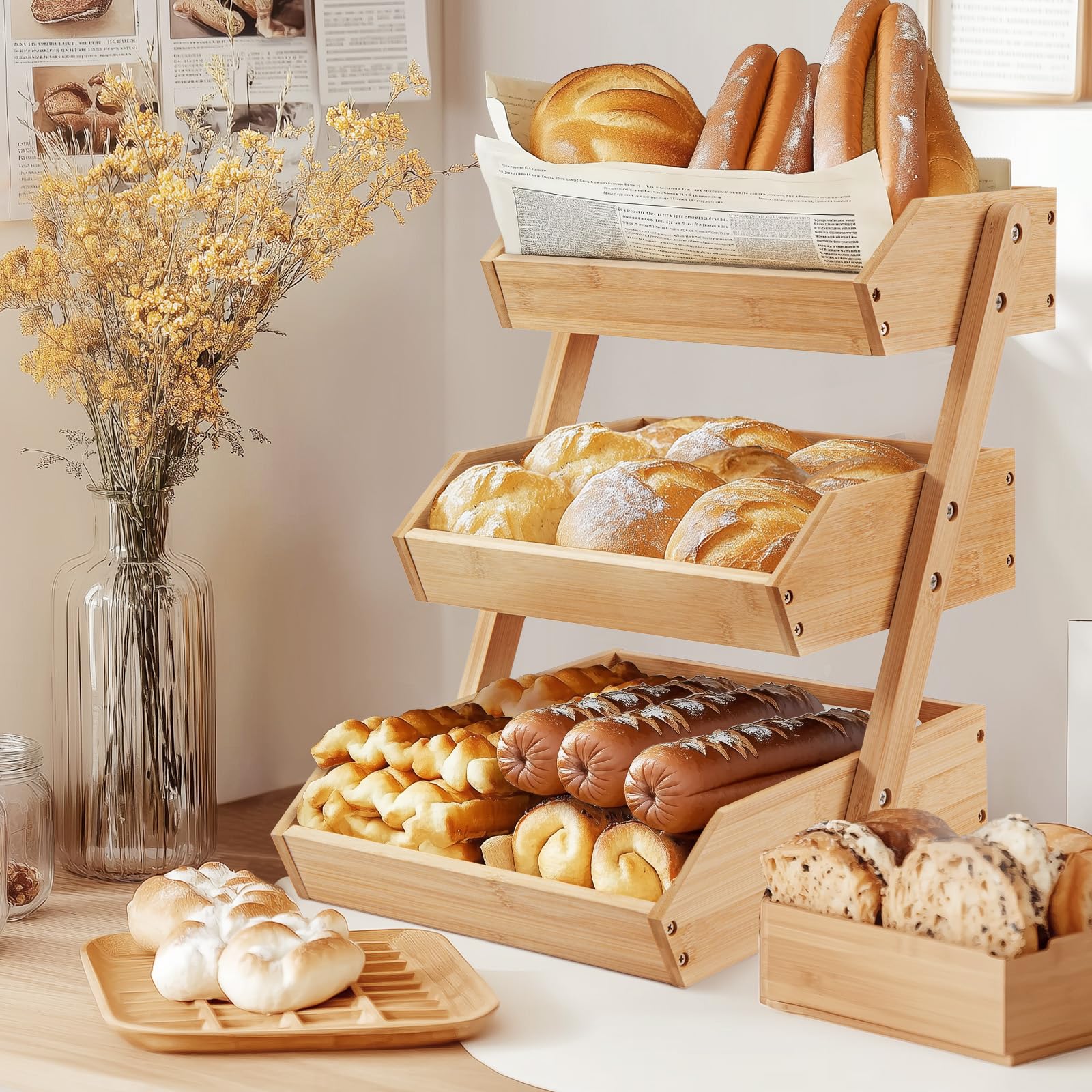 Étagère à fruits et légumes à 3 niveaux en bambou – Panier de rangement en bois pour plan de travail (fruits, légumes, pain et collations) – Support d'organisation pour (3 niveaux)